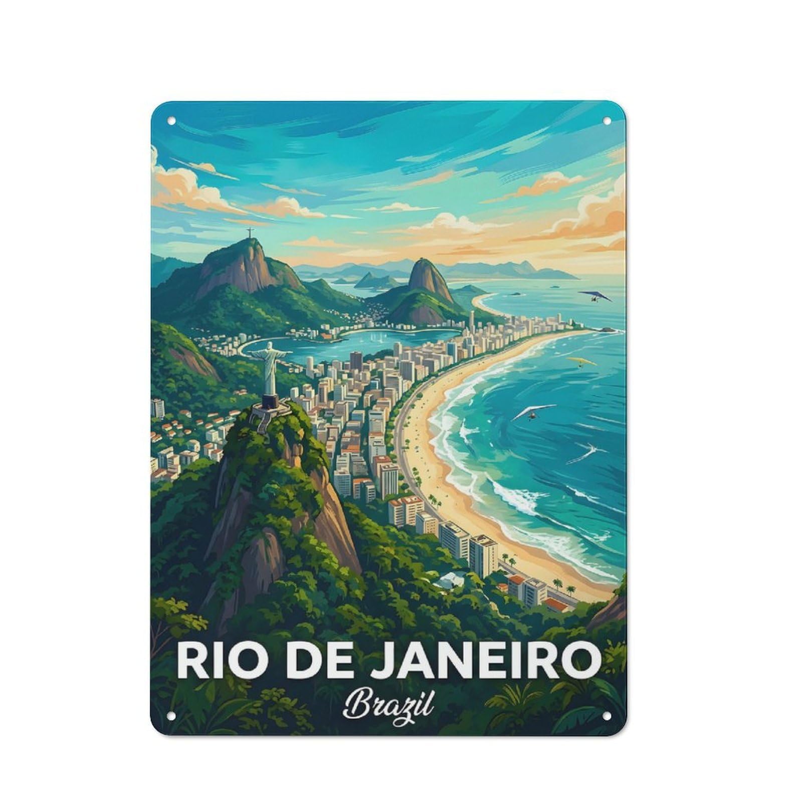 Junmoney Style-7 Vintage Tin Sign 40X30cm With Rio De Janeiro Cityscape With Christ The Redeemer For Hallway Wall, For Home Interiors, Feature Walls And Decorative Displays