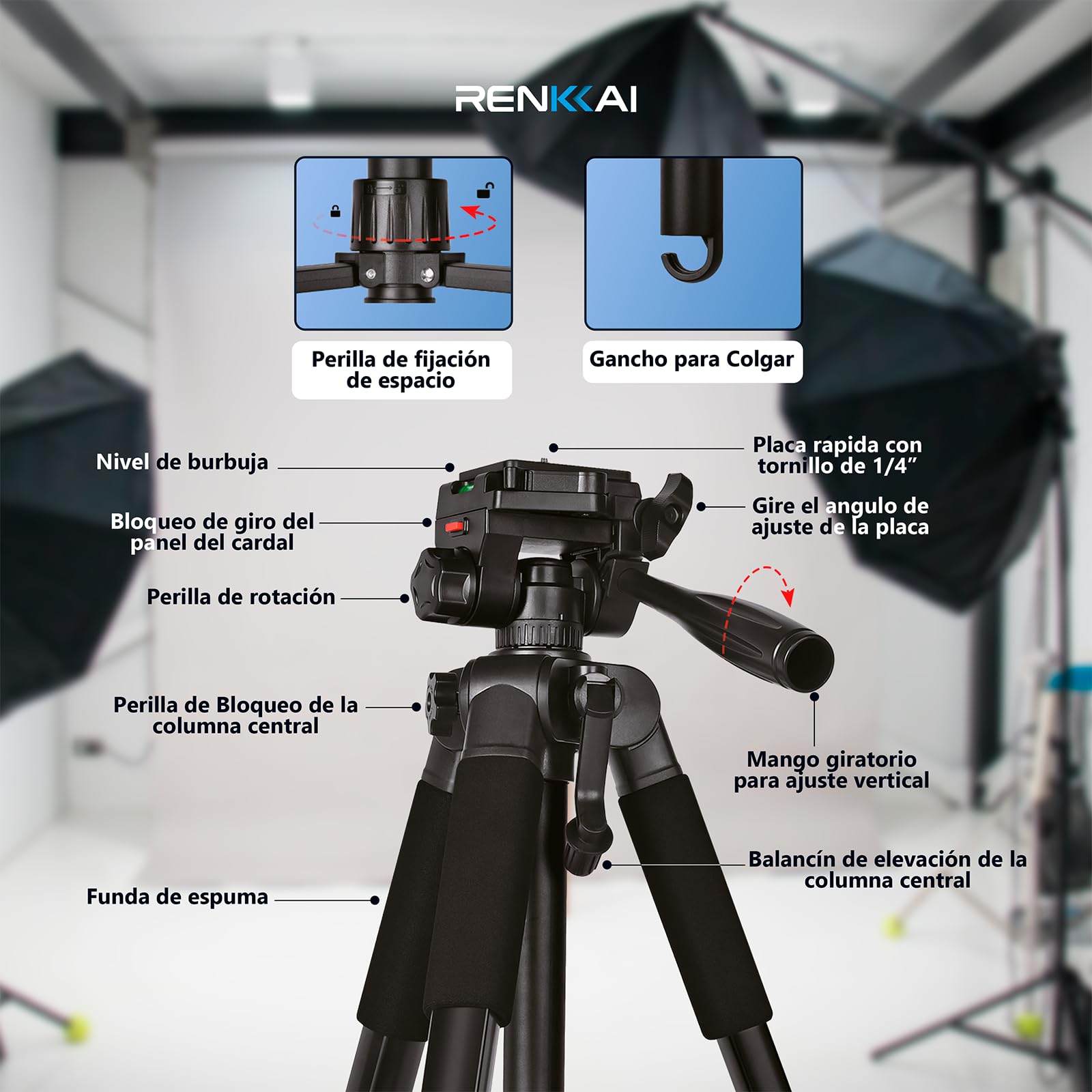 182CM | Tripode Camara | Super Estable | tripode para movil | Tripode con Columna Transversal | Tripod | Soporte para telefono + Mando para Fotos + Bolsa de Transporte INCLUIDOS |hasta 3kg