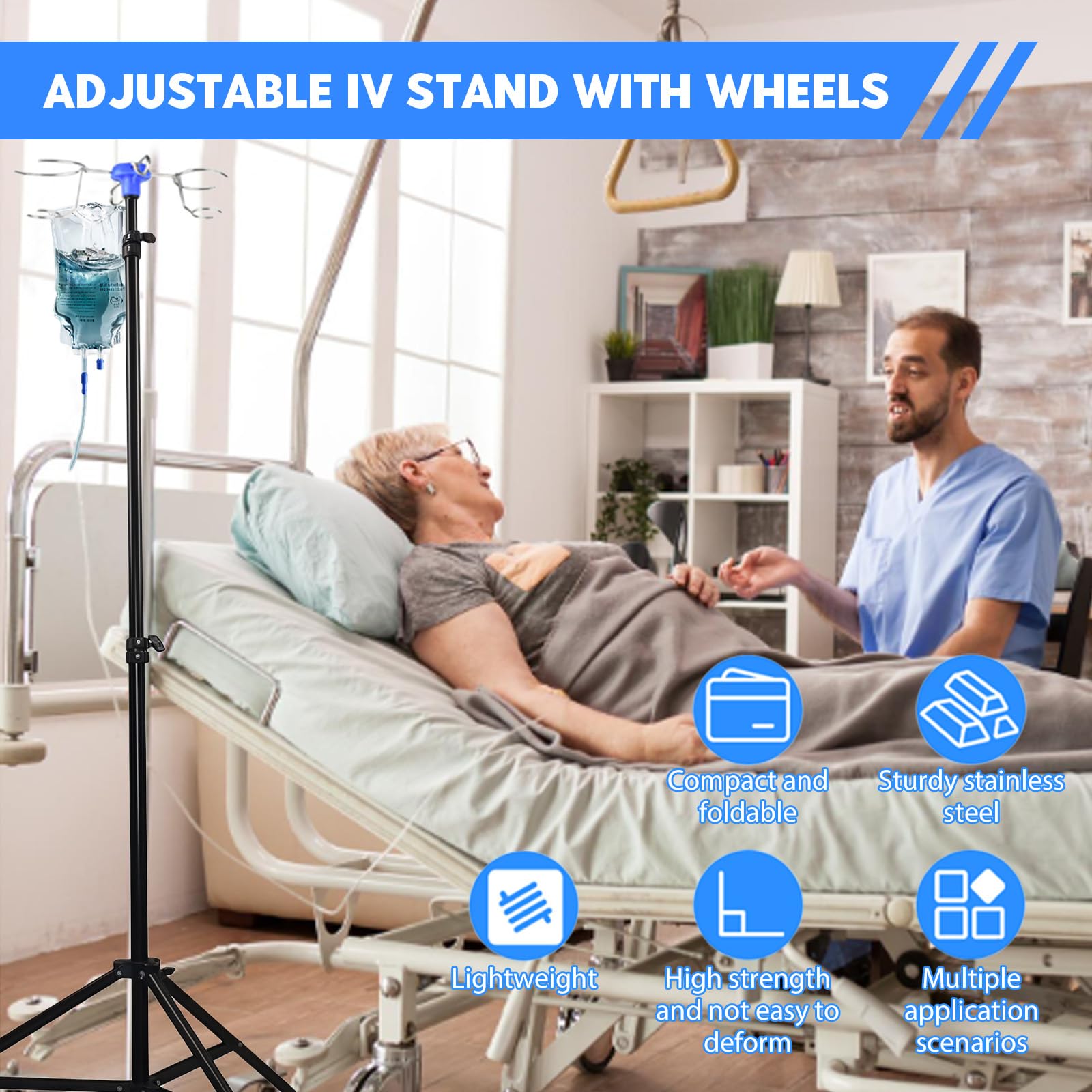 Support à perfusion portable réglable de 90 à 190 cm, pliable avec 4 crochets, 3 poches en filet, panier de rangement pour la maison, les maisons de retraite, les cliniques