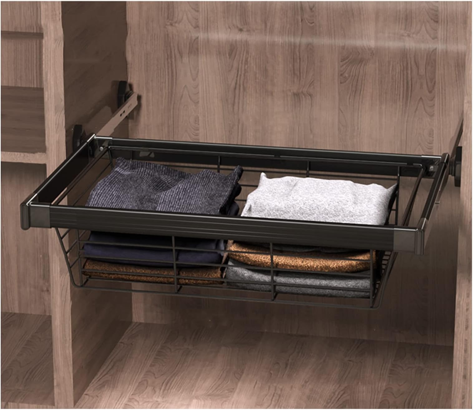Wardrobe Pull Out Baskets Slide Rail Cabinet Storage Basket, Suitable for Sorting Wardrobe Clothes and Storage and Air Drying of Kitchen Utensils (Color : Black, Size : 864-914mm)