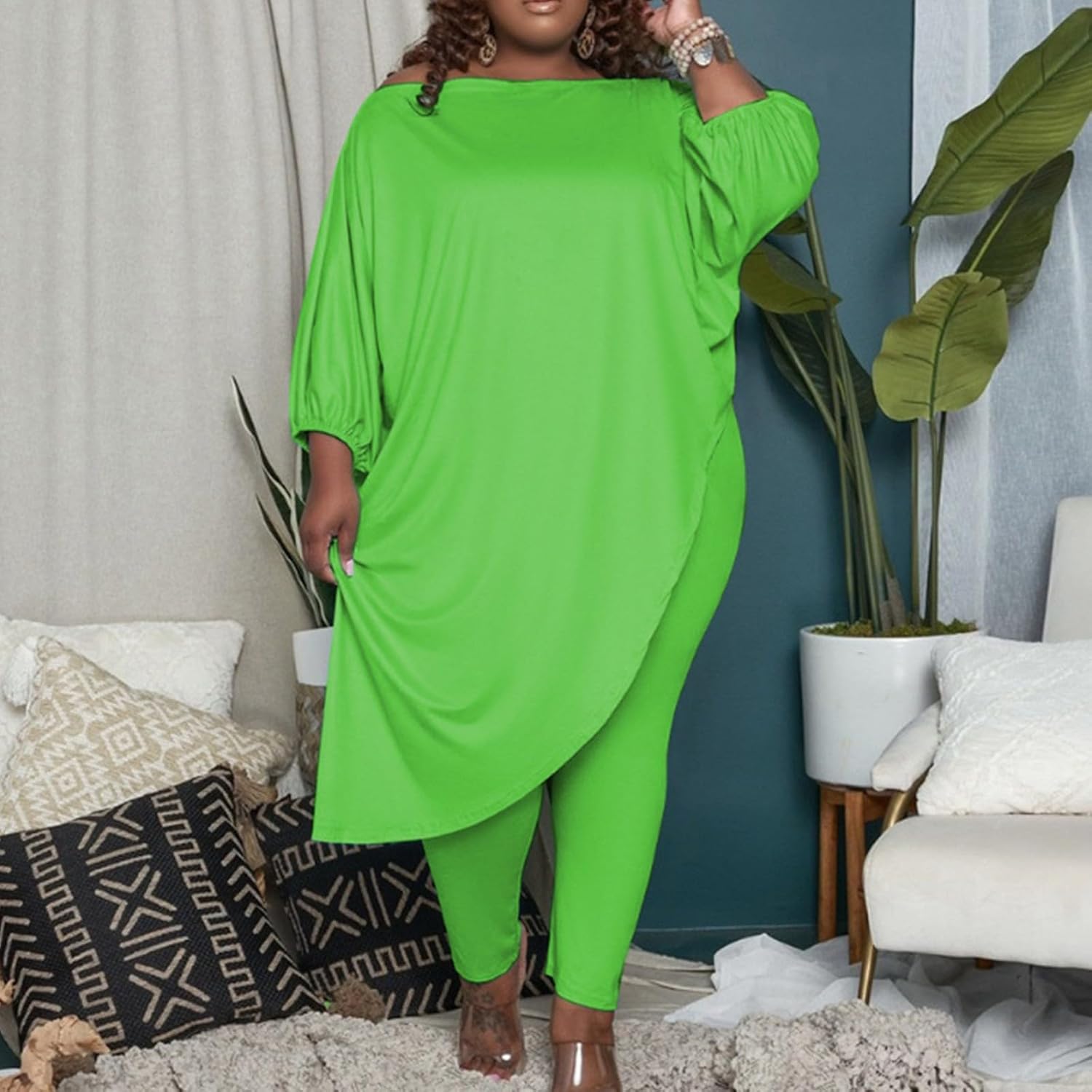 ZYXTIM Oversized 2 Piece Outfits for Women Off The Shoulder Long Sleeve Shirts High Waist Pants Plus Size Tight Trousers Set