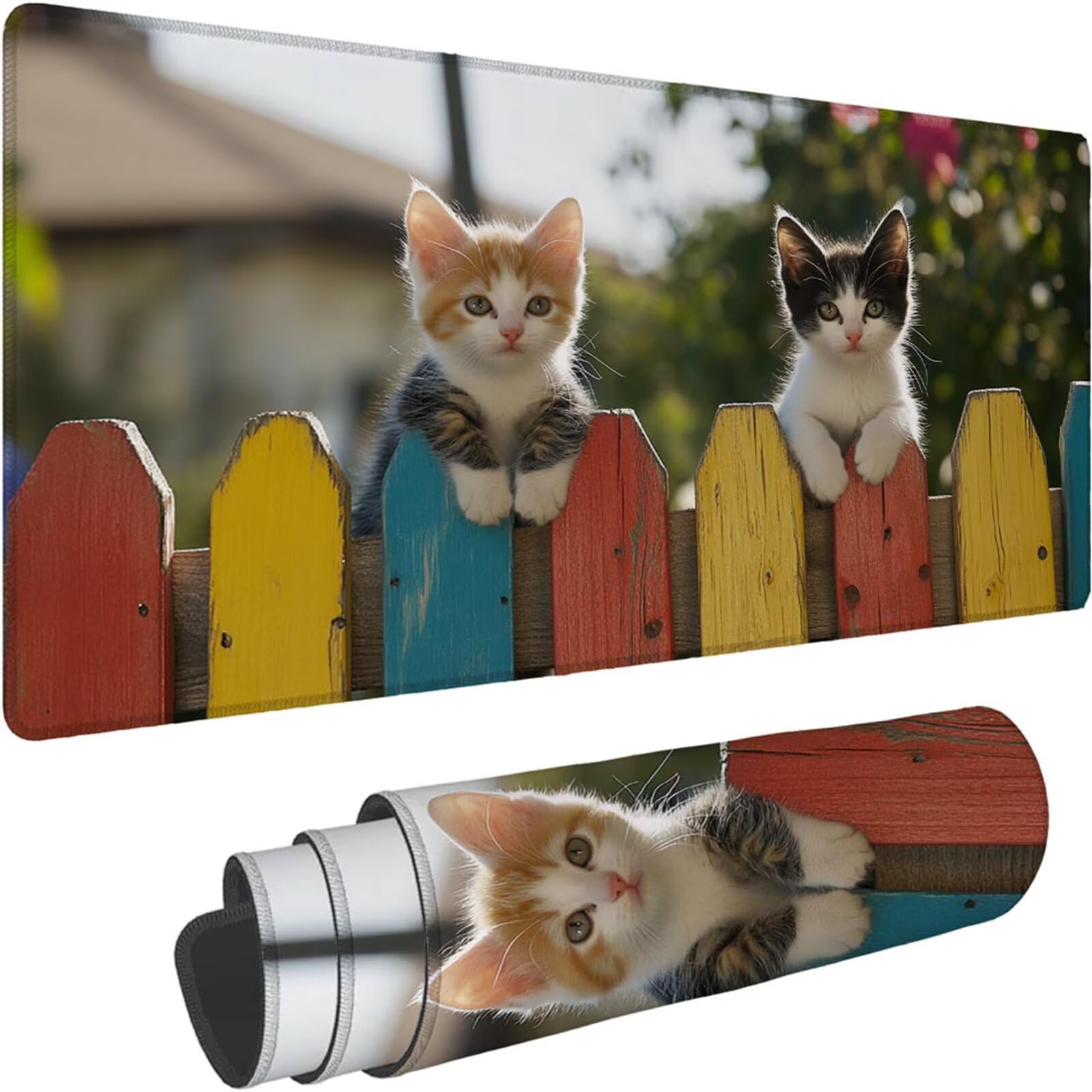 Gamingowa podkładka pod mysz 1200 x 600 x 3 mm, XXL, wodoszczelna, odporna na ścieranie, ze zszytymi krawędziami, podkładka na biurko, poprawia prędkość i precyzję, pod laptopa, komputera, wzór kota