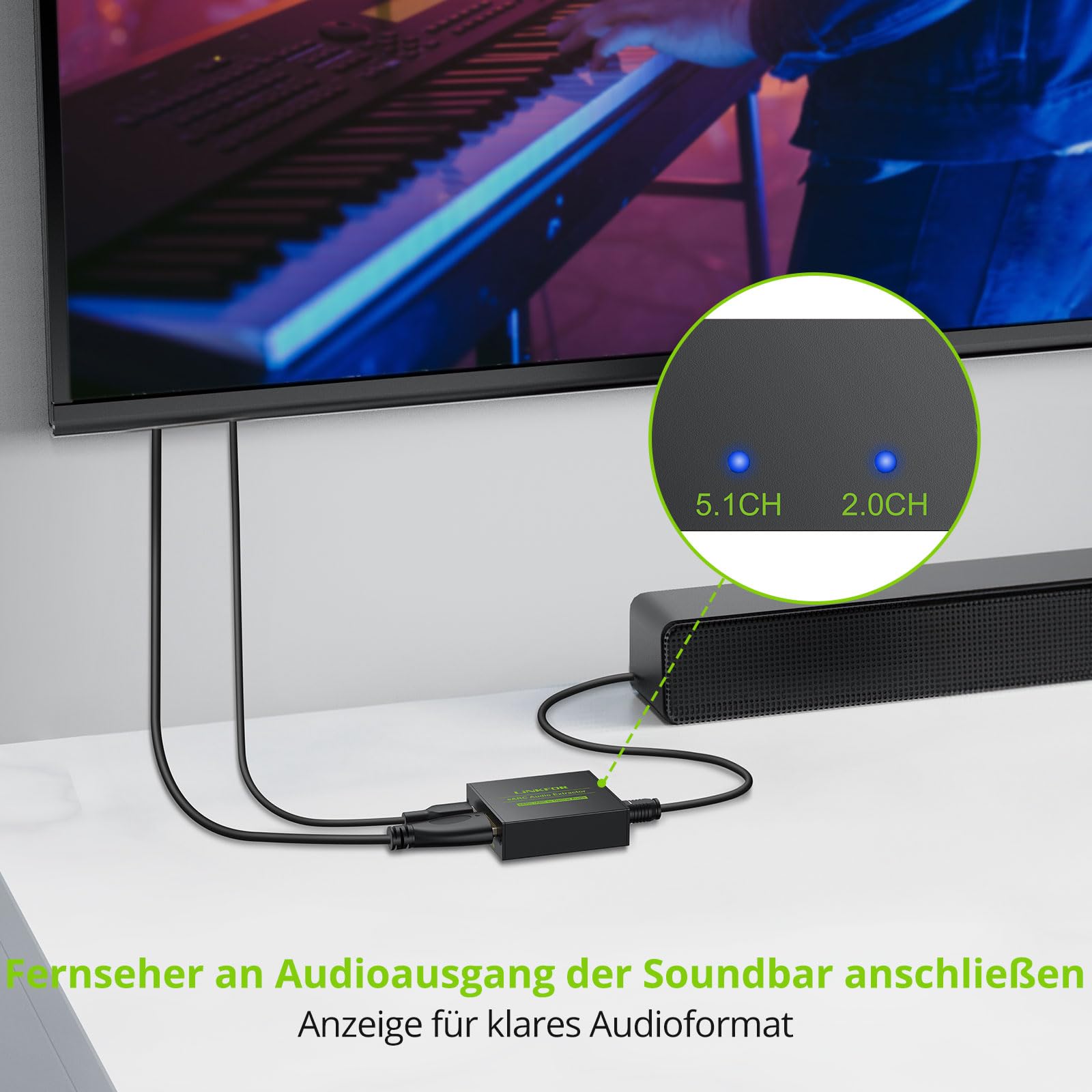 LiNKFOR eARC ARC Audio Extractor 24Bit 192kHz HDMI ARC auf Optisch Audio Adapter HDMI Audio Extractor mit 5.1 und 2.0 Kanal Audiosignalanzeigen für HDTV zu Soundbar, drahtlose Kopfhörer, Heimkino