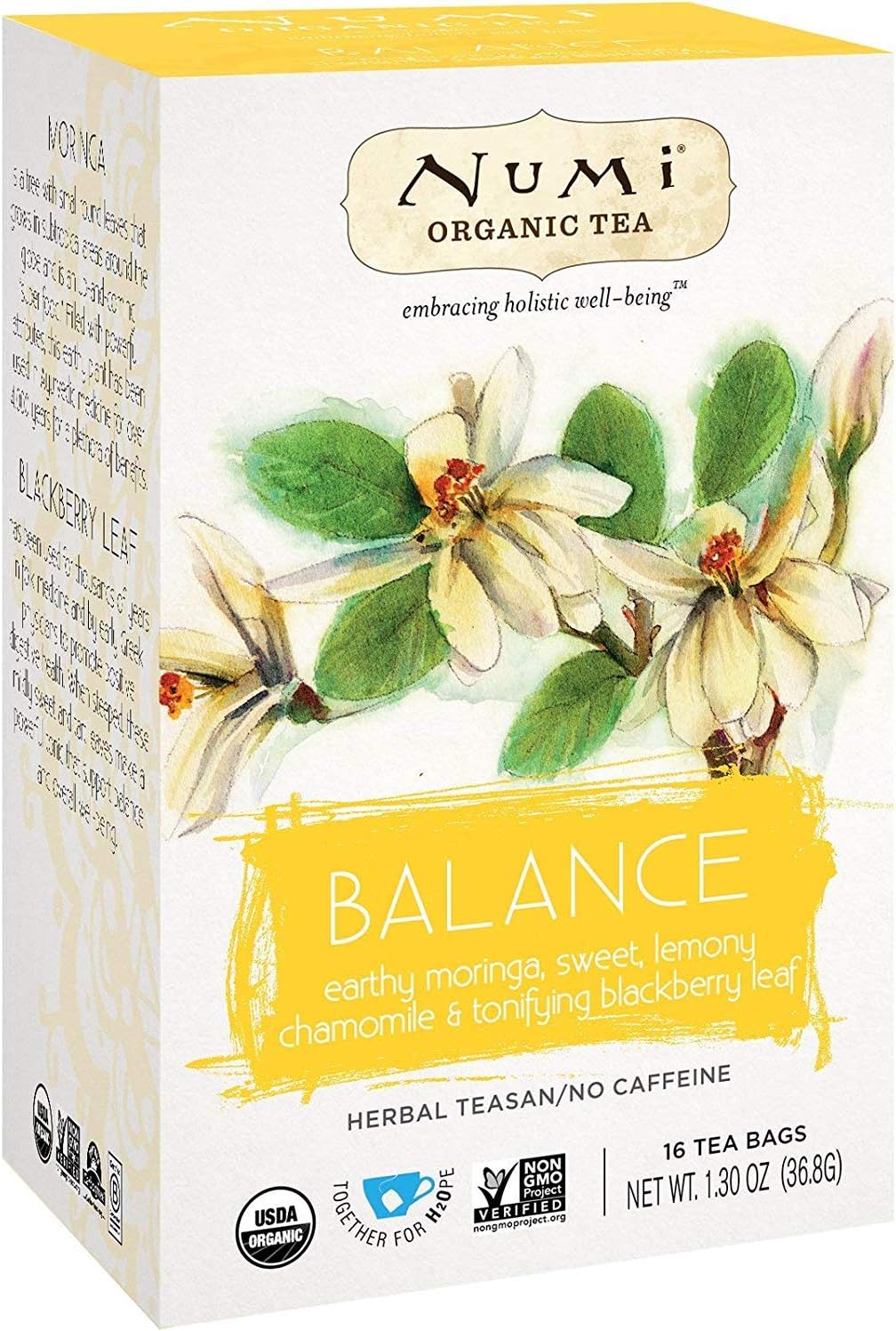 Numi Organic Tea Moringa, 16 Count Box of Tea Bags, Holistic Herbal Teasan (Packaging May Vary)