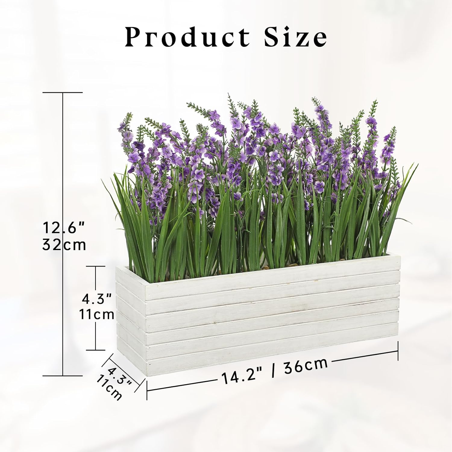 14 Inch Artificial Lavender Flower Arrangement in Rustic Rectangular Wood Planter Box Purple Fake Lavender Flower Faux Potted Lavenders Plants for Table Centerpiece Windowsill Shelf Home Decor Indoor