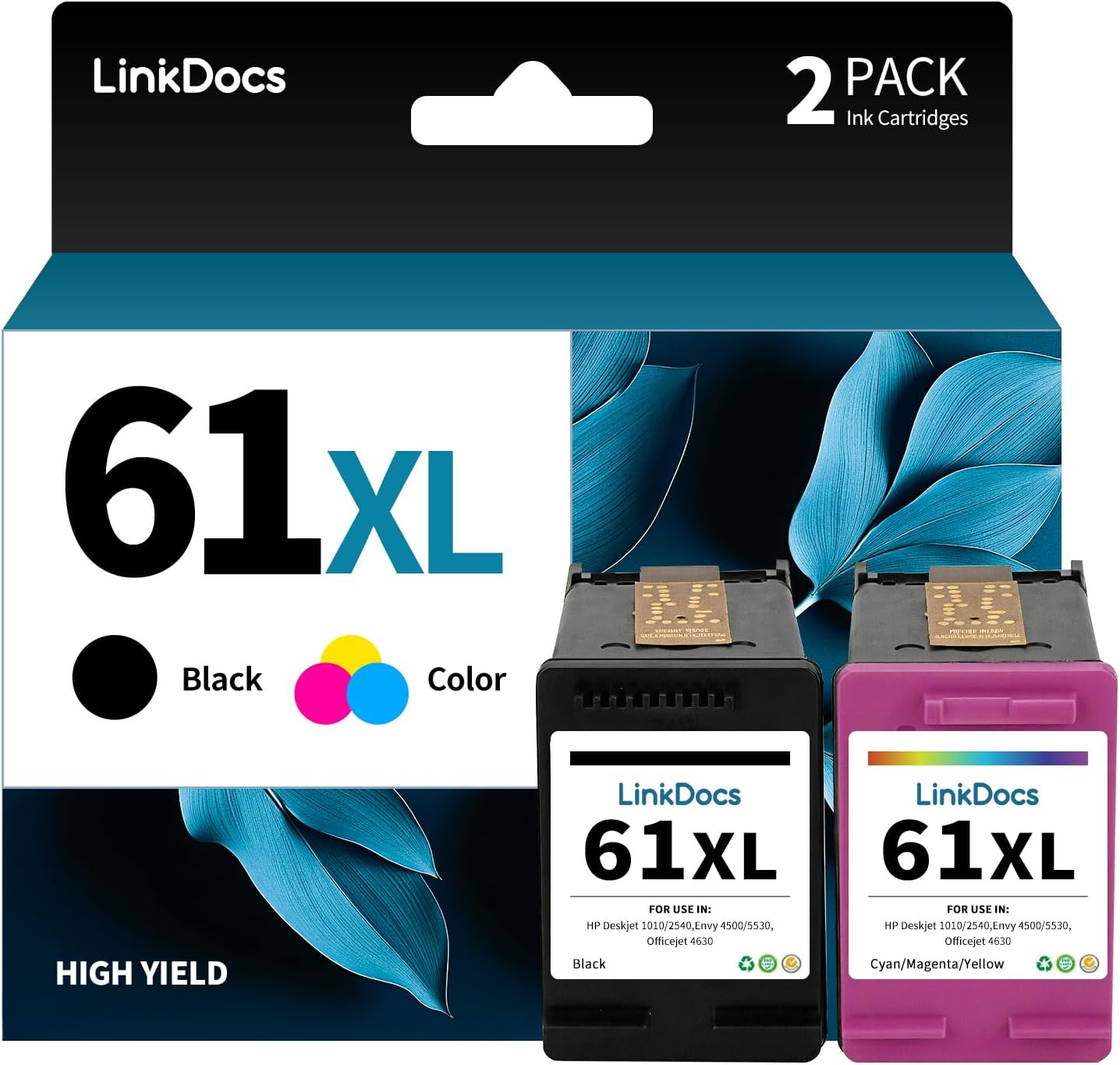 LinkDocs Remanufactured 61XL Ink Cartridges Replacement for HP 61 61XL Ink CH563WN CH564WN to use with HP Envy 4500 Deskjet 1000 1056 1510 1512 1010 1055 Printer (1 Black 1 Tri-Color 2-Pack)
