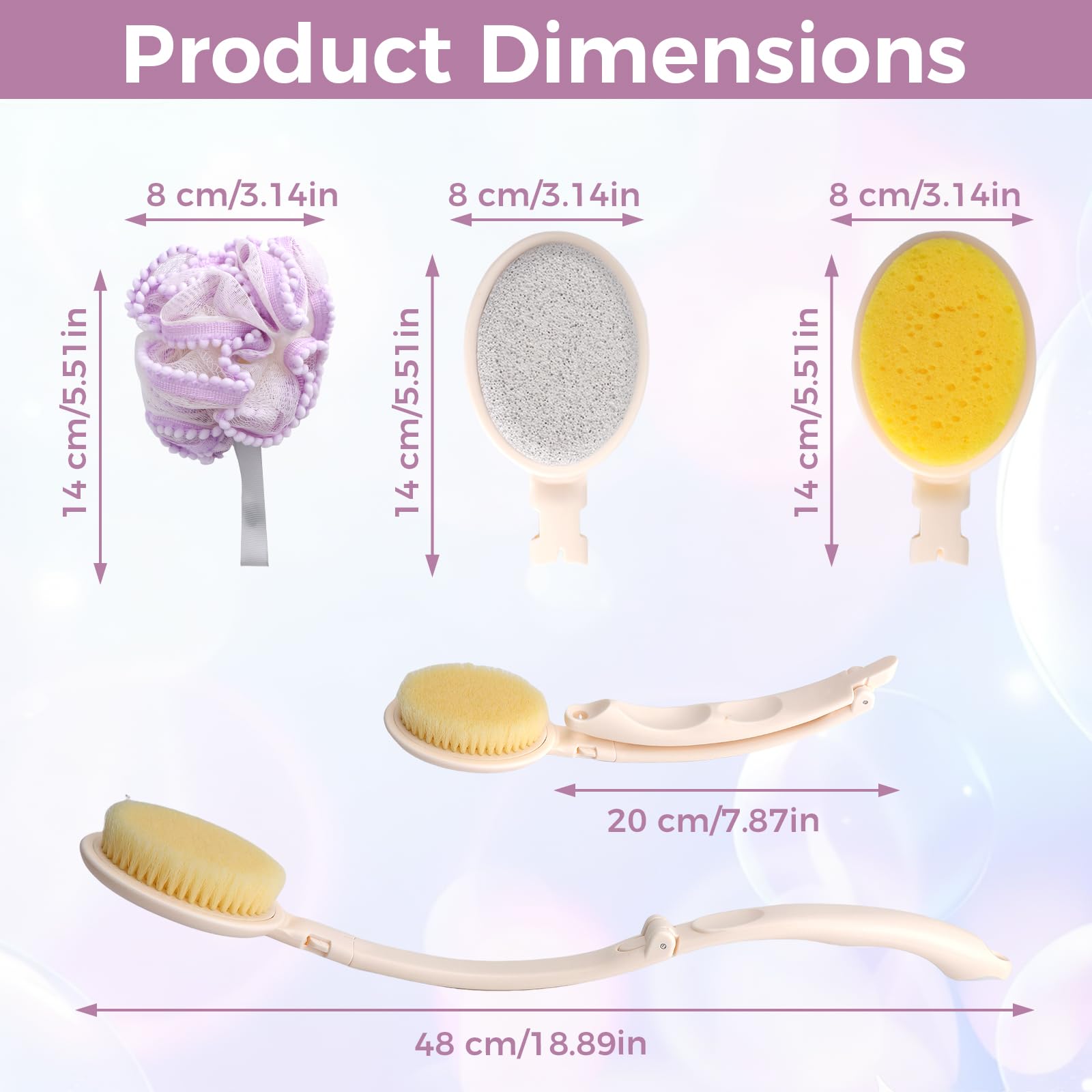 VOSSOT 3-in-1 Rückenbürste mit Langem Stiel, mit Duschschwamm 1 Wandhaken,Rückeneincremhilfe Faltbare Badebürste Austauschbare Köpfe Eincremehilfe für Rücken Füße, Rückenschwamm Körperpflege Set