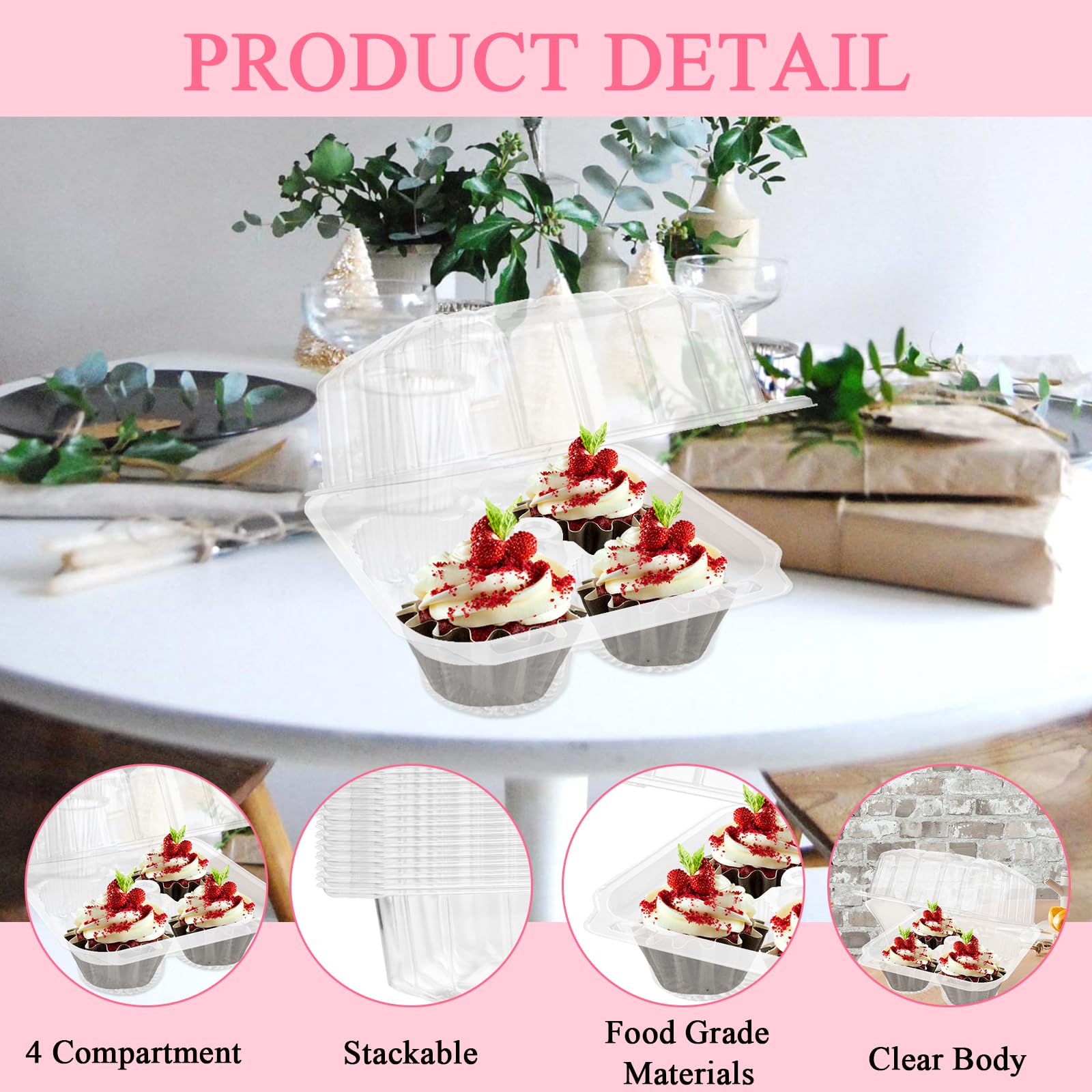 Lot de 50 boîtes à cupcakes empilables en plastique transparent à 4 compartiments, 17 x 17 x 12 cm de profondeur