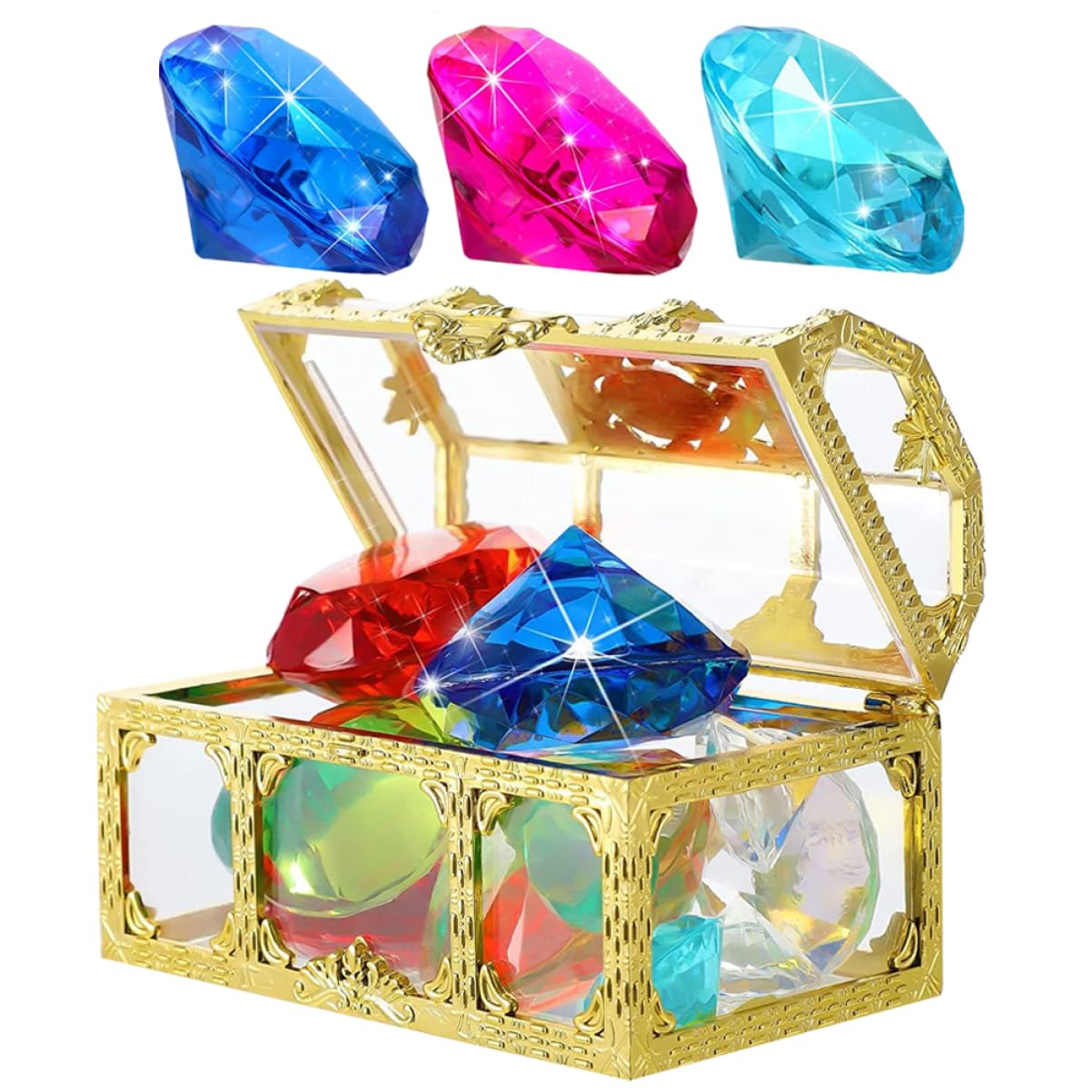 60pièces Jouets Gemmes Artificielles pour Plongée Piscine avec Coffre Trésor Modèles De Diamants sous-Marins