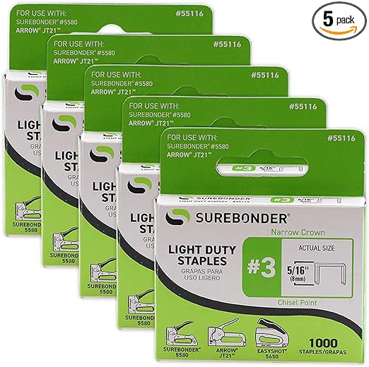 55116 #3 Light Duty Narrow Crown Staples - 5/16" Length - 1000/box, 5 Pack