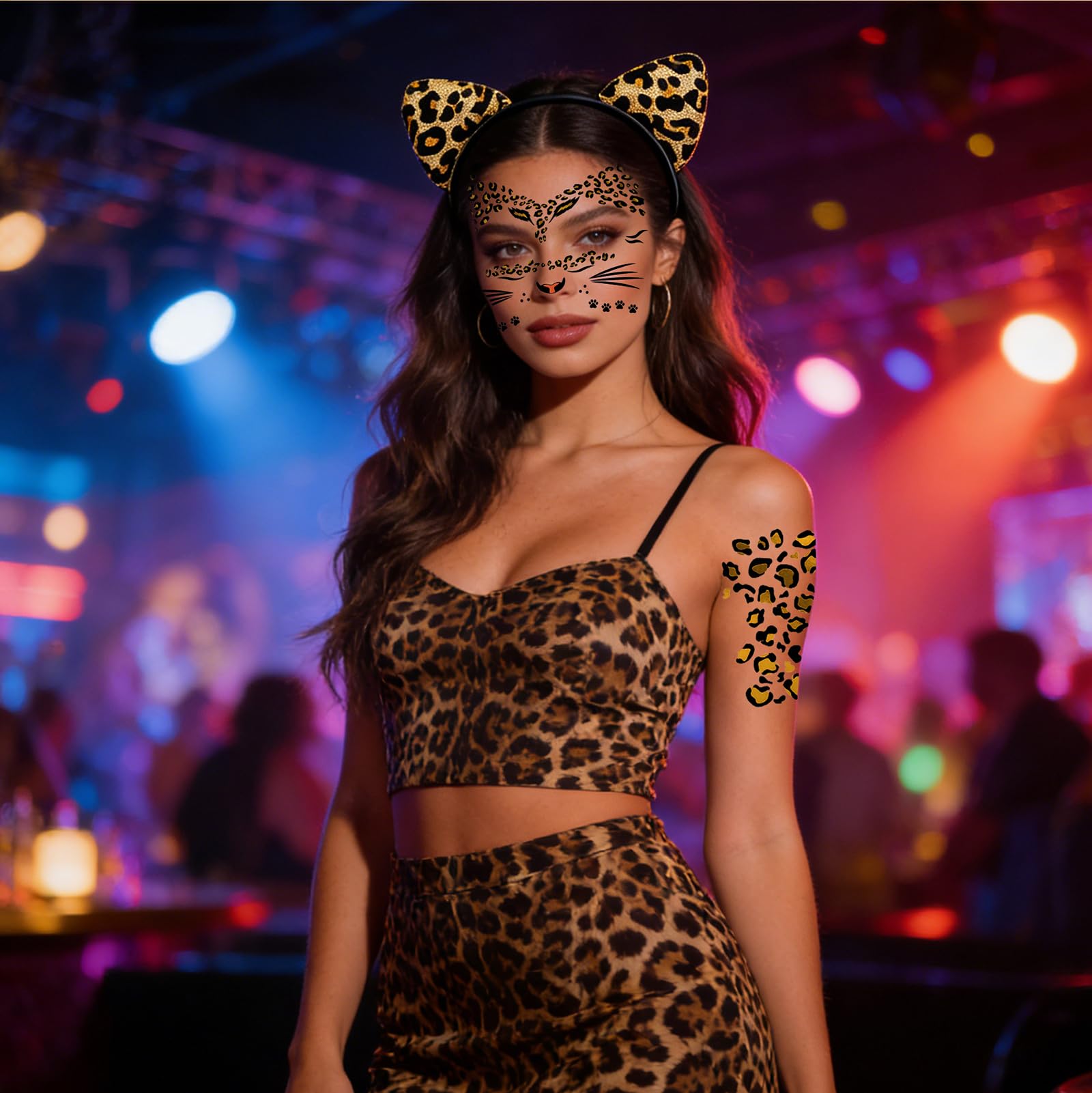 Ensemble de Costume léopard pour Femmes, Serre-tête Oreilles de léopard avec 3 Tatouages faciaux différents pour fête de Carnaval Accessoires léopard