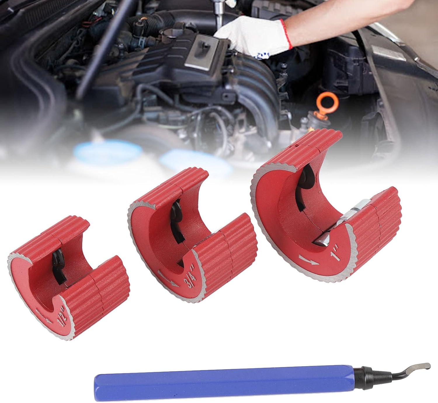 4 Piece Copper Tubing Cutter Set, Copper Pipe Cutter Tool with 1/2in 3/4in 1in Cutters, Deburring Tool, for Automobile Brake Lines Cooling Lines