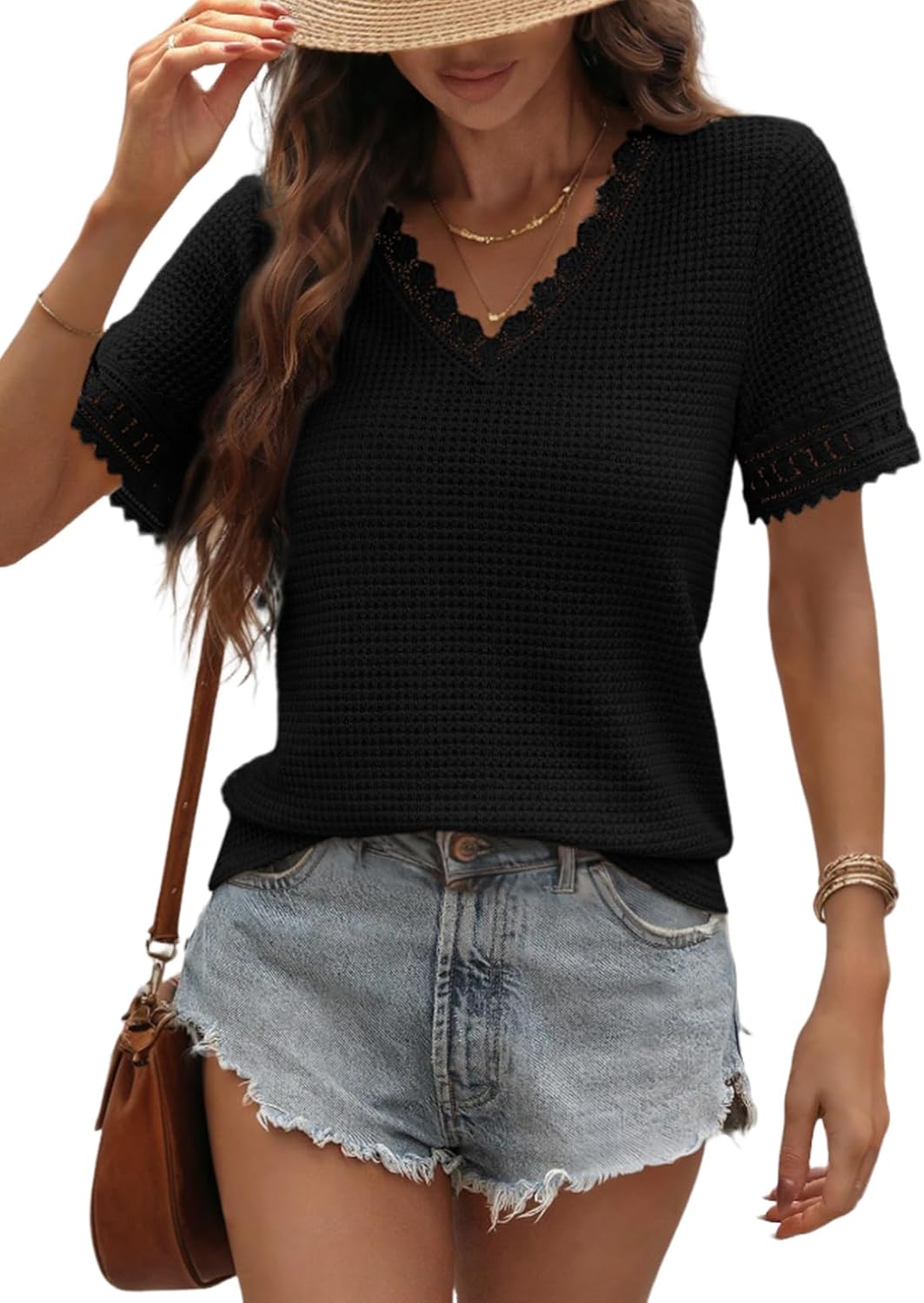 Dokotoo Women's Casual V Neck Short Sleeve Waffle Knit Lace Patchwork Shirts Summer Loose Basic Tunic Tops Tee Blouses