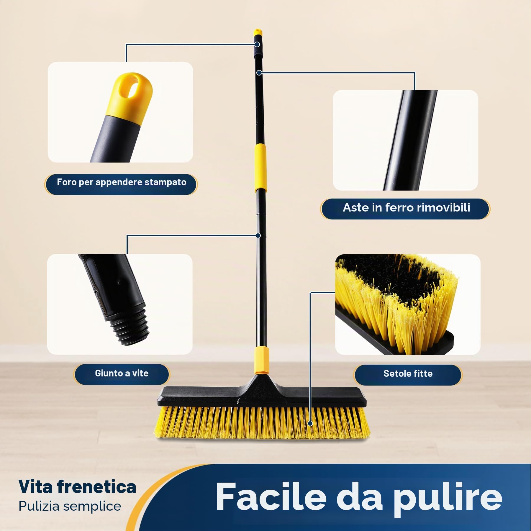 Yocada Scopa a spinta da 18 pollici per esterni, resistente scopa commerciale con setole rigide per la pulizia del patio, del garage, della pietra del legno, del pavimento di 165.9 cm di lunghezza