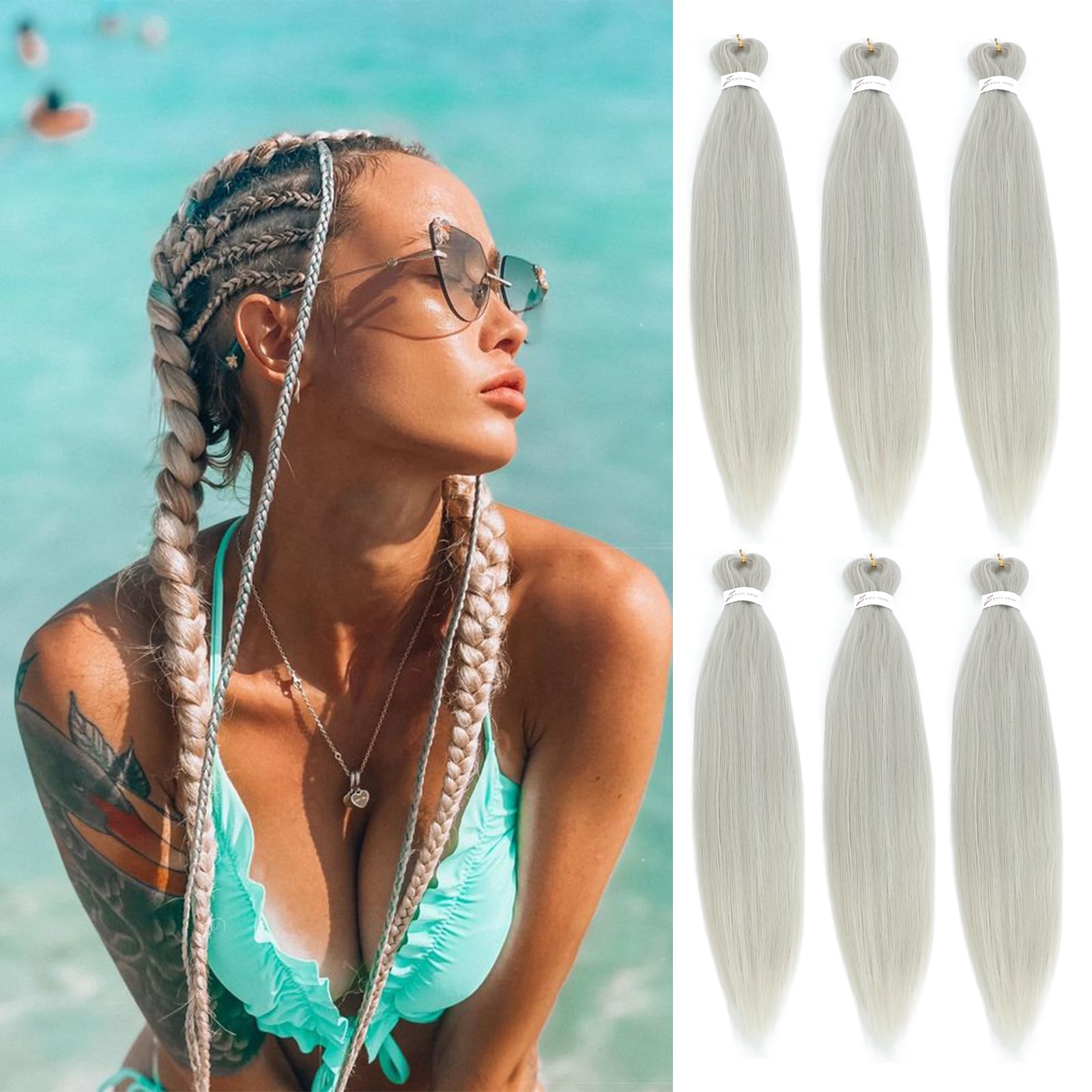 36 Inch Pre Stretched Braiding Hair,6 Packs Soft Yaki Texture EZ Braid for Box Braids Hot Water Setting Synthetic Fiber Hair Extensions(Silver)