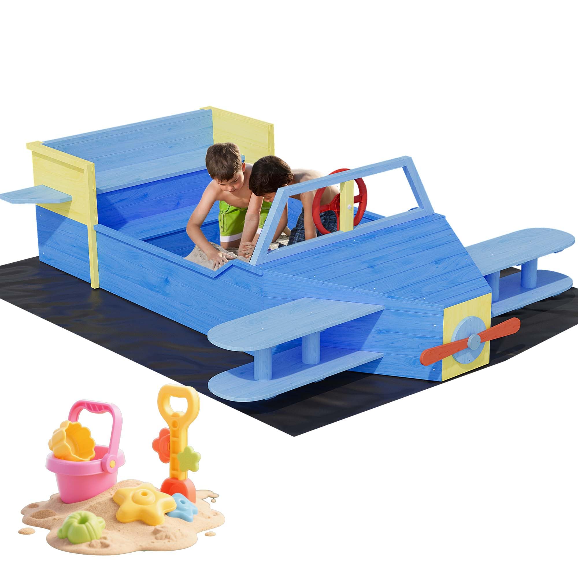 Airplane Wooden Sandbox, Outdoor Sand Box with Bottom Liner, Kids Sandpit w/Propeller, Rudder, Wings for Ages 3-8, Spacious Kids Sand Pit for Beach,