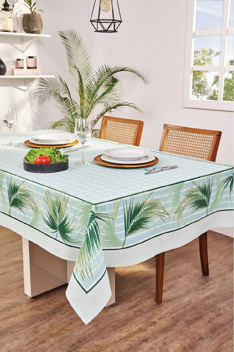 AdonisUSA White and Aqua Green Printed Floral Tablecloth with of Palm Leaves. Dining Room, Kitchen (60"x98"~155x250 cm) Rectangle Tablecloth table cover Coastal living