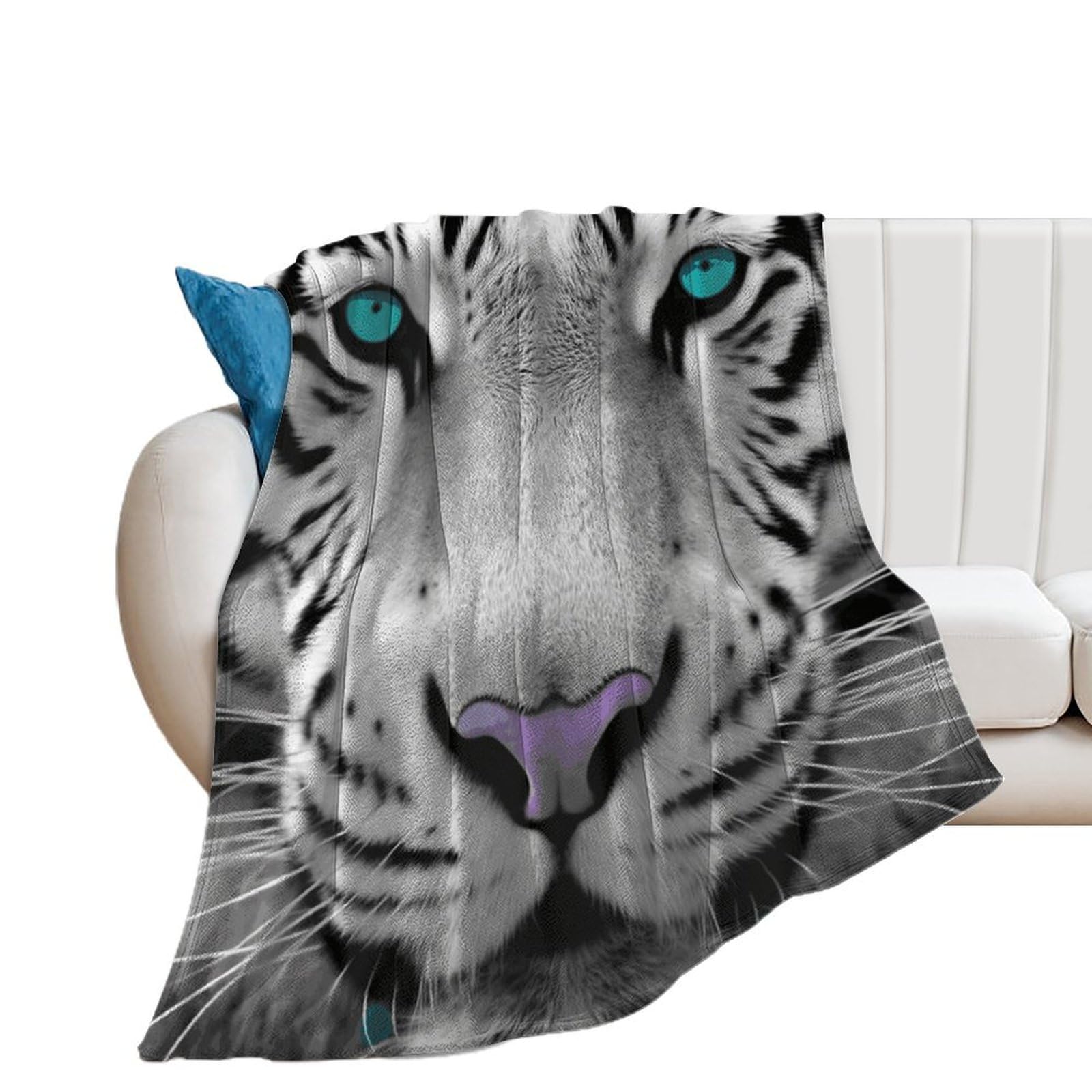 Plaid motif tigre yeux bleu sarcelle couverture chaude pour soirée canapé