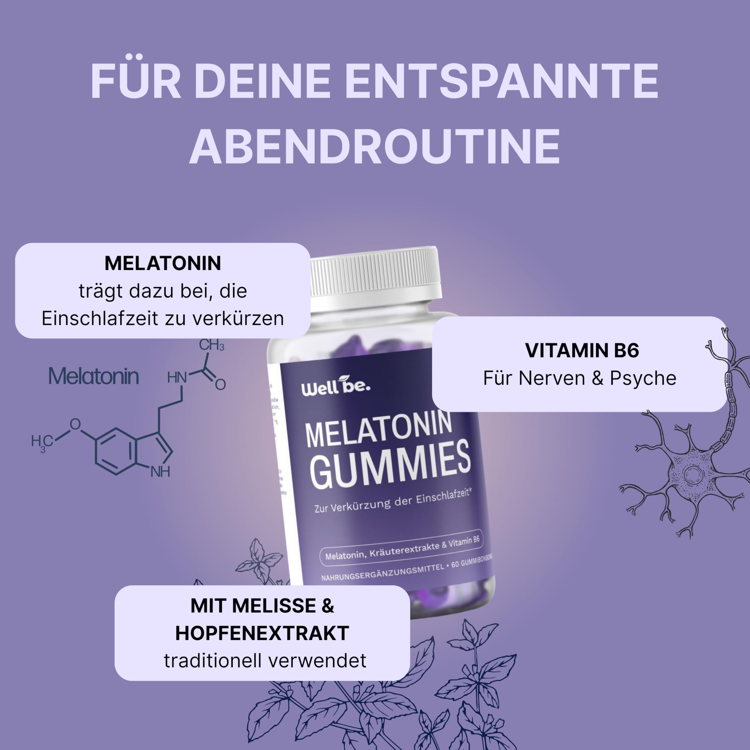 wellbe 3x60 Melatonin Gummies – mit Melisse, Hopfen & Vitamin B6 – Nahrungsergänzungsmittel für erholsamen Schlaf und innere Ruhe