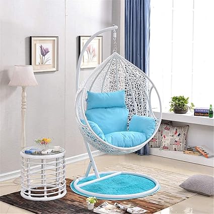 OMCCO Rattan Single Seater Swing Chair With Stand & Cushion Outdoor Indoor Balcony Garden Patio, Powder Coated Frame, Uv Protected Wicker, Premium Cushion Sky Blue, 116 Cm, 99 Cm, 116 Cm