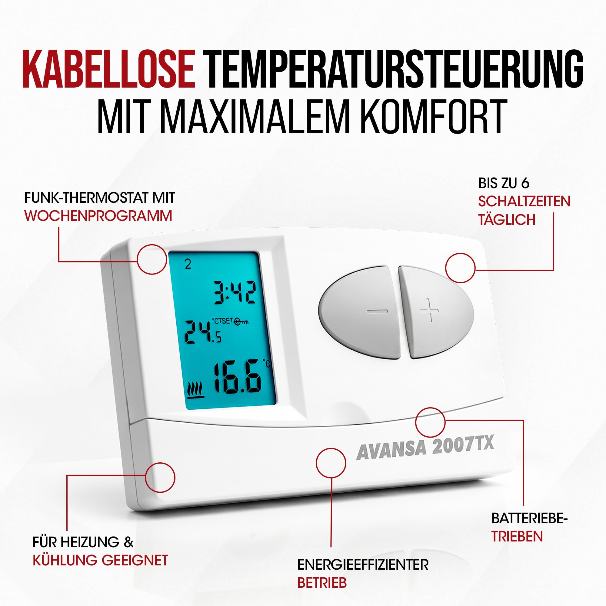 AVANSA 2007 TX programowalny radiowy termostat pokojowy – bezprzewodowy termostat tygodniowy do ogrzewania i chłodzenia – 24-230 V regulator ogrzewania z odbiornikiem