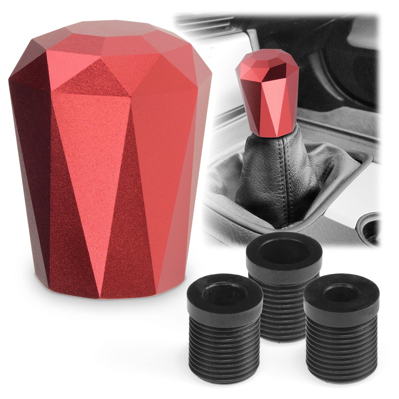EzAuto WrapUniversal Red Diamond Car Gear Stick Shift Knob Chrome Aluminum Automatic Gear Lever Handle with 3 Threaded Adapters