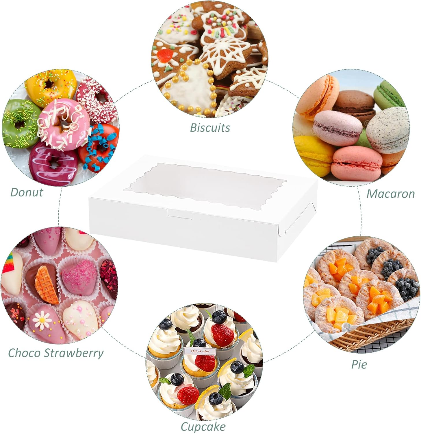 Kucoele 20pcs 12 Inch White Bakery Boxes with Window, 12 x 8 x 2.5 Inches Cookie Boxes Pastry Boxes Treat Boxes for Desserts, Chocolate Strawberries, Cupcakes, Muffins, Donuts and Breakable Heart