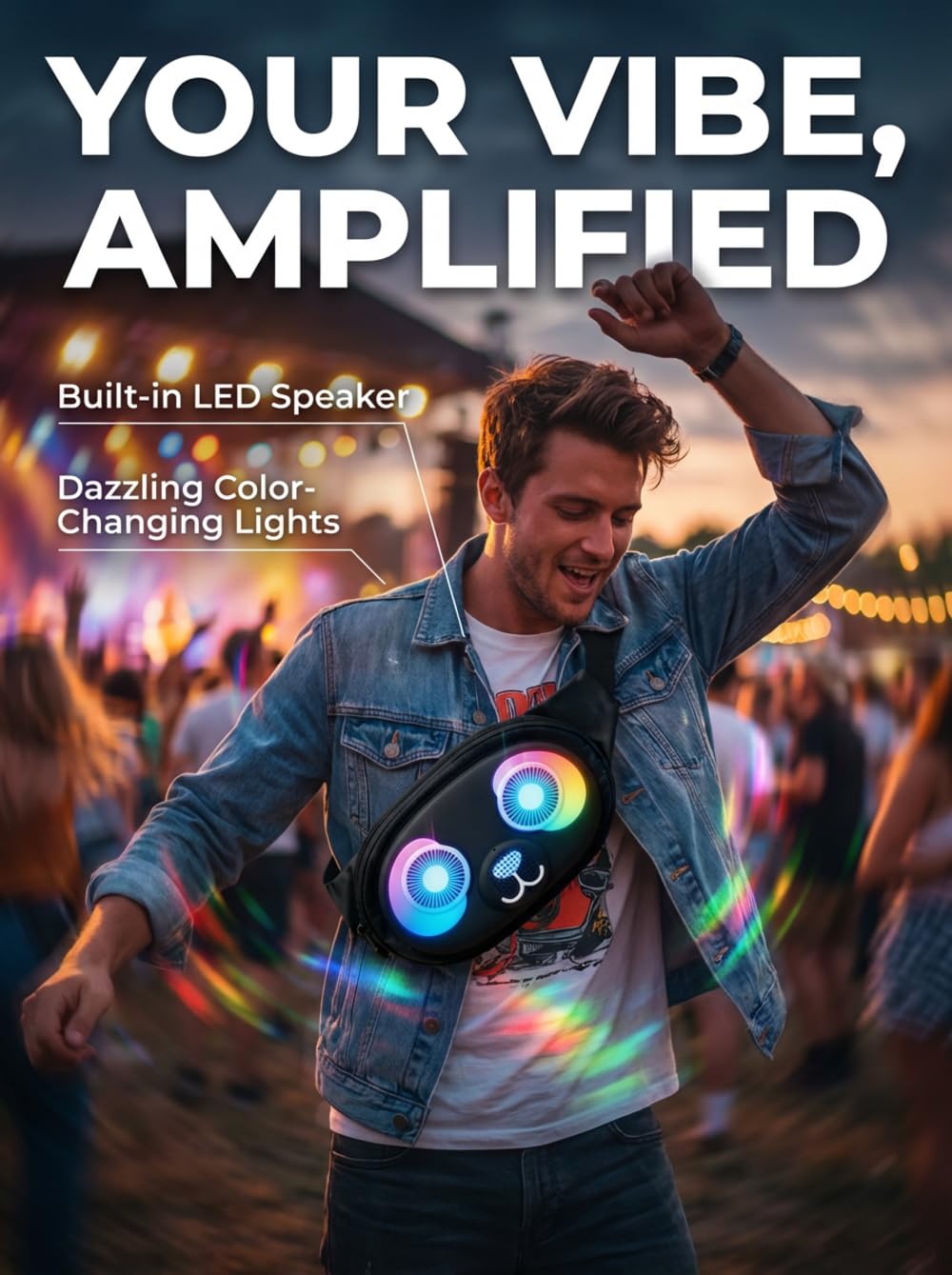 Gelrova Regenfeste Bauchtasche mit Lautsprecher und LED-Lichtern – spritzwassergeschützte Hüfttasche, Schnellverschlussgurt, Musik-Synchronisations-Augenlichter, für Freizeitausflüge PandaSync