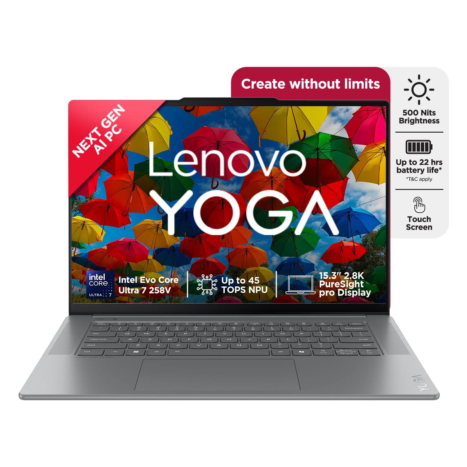 Lenovo Smartchoice Yoga Slim 7 Aura Edition, Intel Core Ultra 7 258V, 47 Tops, Copilot+ AI PC, 32GB RAM, 1TB SSD, 15″(38.86cm), Windows 11, MS Office Home 2024, Grey, 1.53Kg, 83HM004NIN, AI Laptop