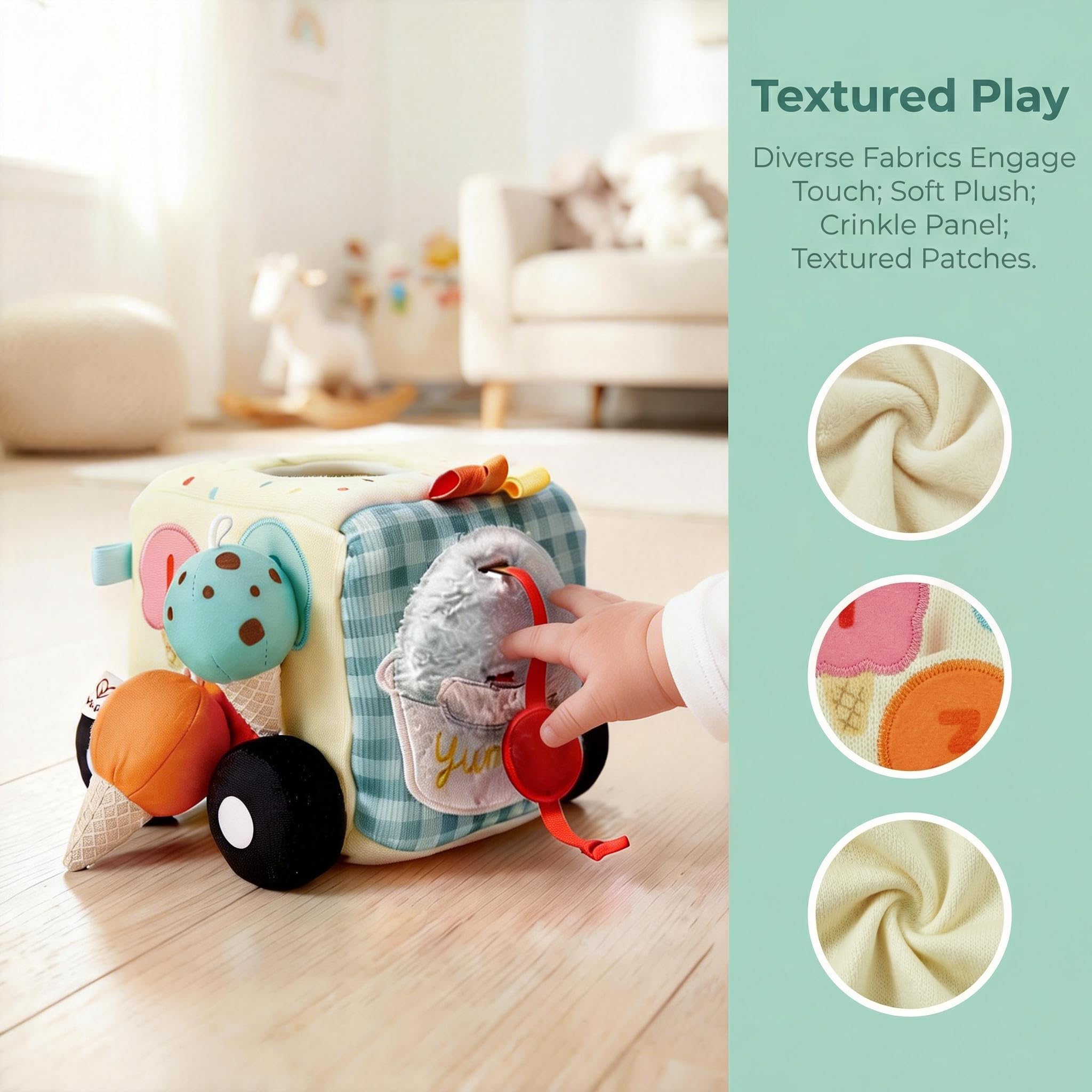 Hape Sensory Scoop Ice Cream Truck – pluszowa zabawka dla niemowląt 6 w 1, z miękkim lustrem, grzechotka, marszczone tekstury i dopasowanie kolorów, eksploracja sensoryczna i rozwój umiejętności