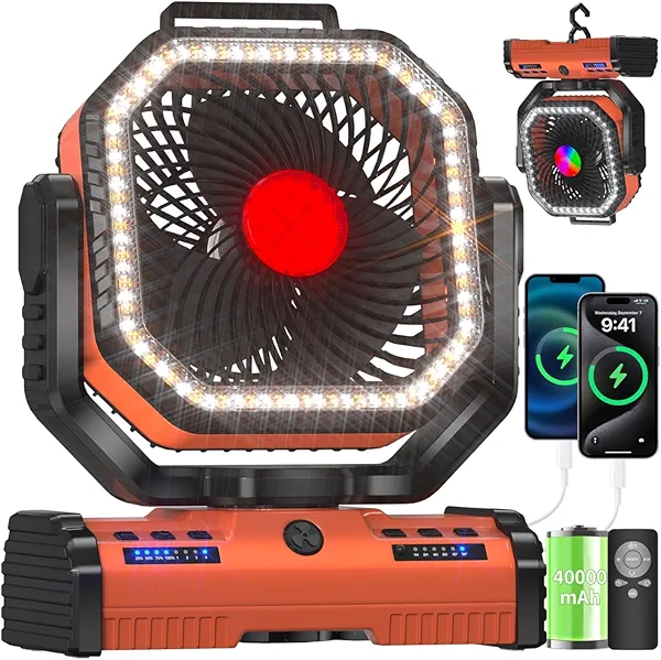 EEIFO 12 Inch Portable Camping Fan, 40000mAh Rechargeable Battery Powered Fan with 4 Speeds Wind and LED Light 140H, Cool & Warm Light and SOS Mode, Auto Oscillating, 360° Rotating Hang Hook(Orange)