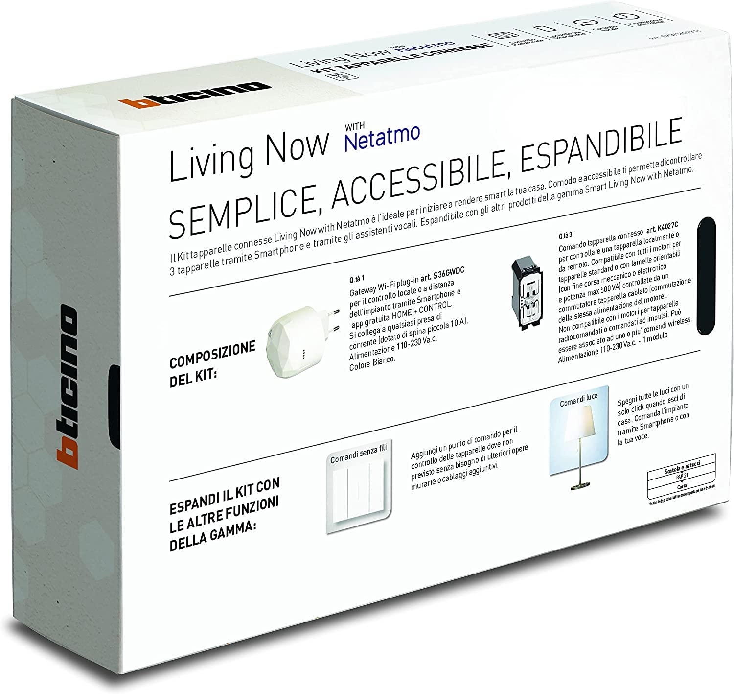 Bticino, Kit de persianas Connesse Living Now Smart SKW3602KIT, para subir y bajar persianas con App o asistentes de voz, 1 puerta de enlace enchufable blanca S36GWDC y 3 mandos de persiana conectados