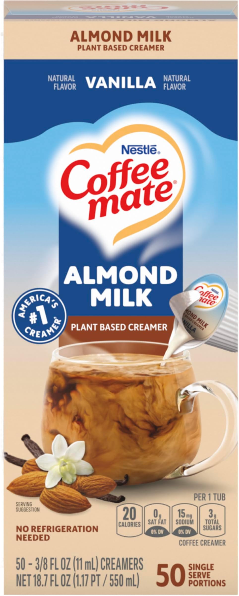 Coffee mate Plant Based Liquid Coffee Creamer Singles, Vanilla Flavored Almond Milk, 50 Ct Box