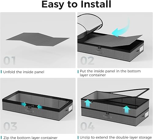Miniatura 9 de 4 compartimentos paquete de 2 contenedores de almacenamiento debajo de la cama, contenedores de almacenamiento extensibles de doble capa debajo de