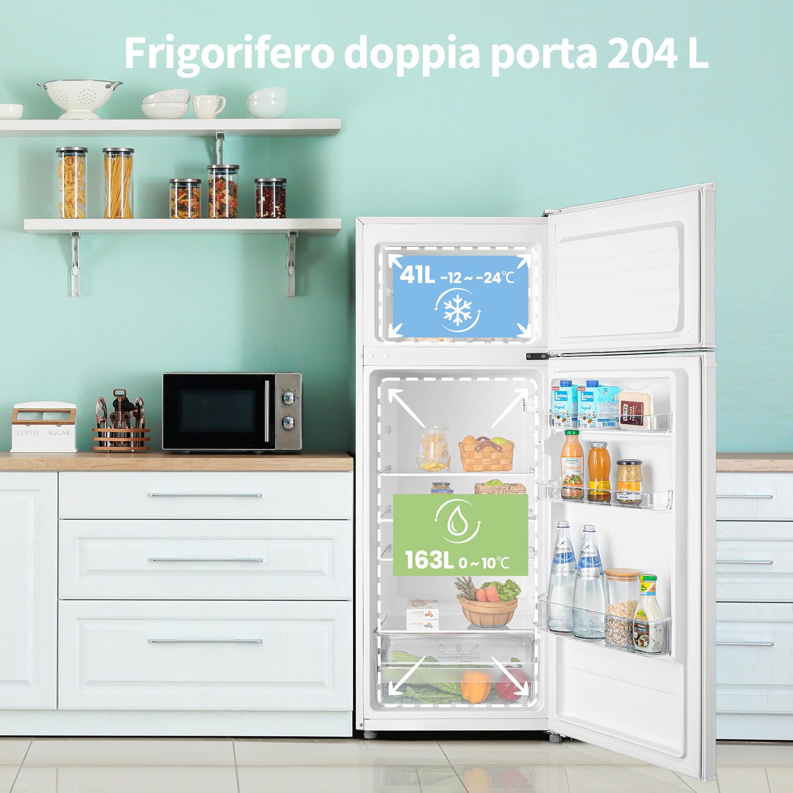 COMFEE' RCT210WH2(E) Frigorifero Doppia Porta 204 L, Controllo della Temperatura Regolabile, Luce LED, Bianco