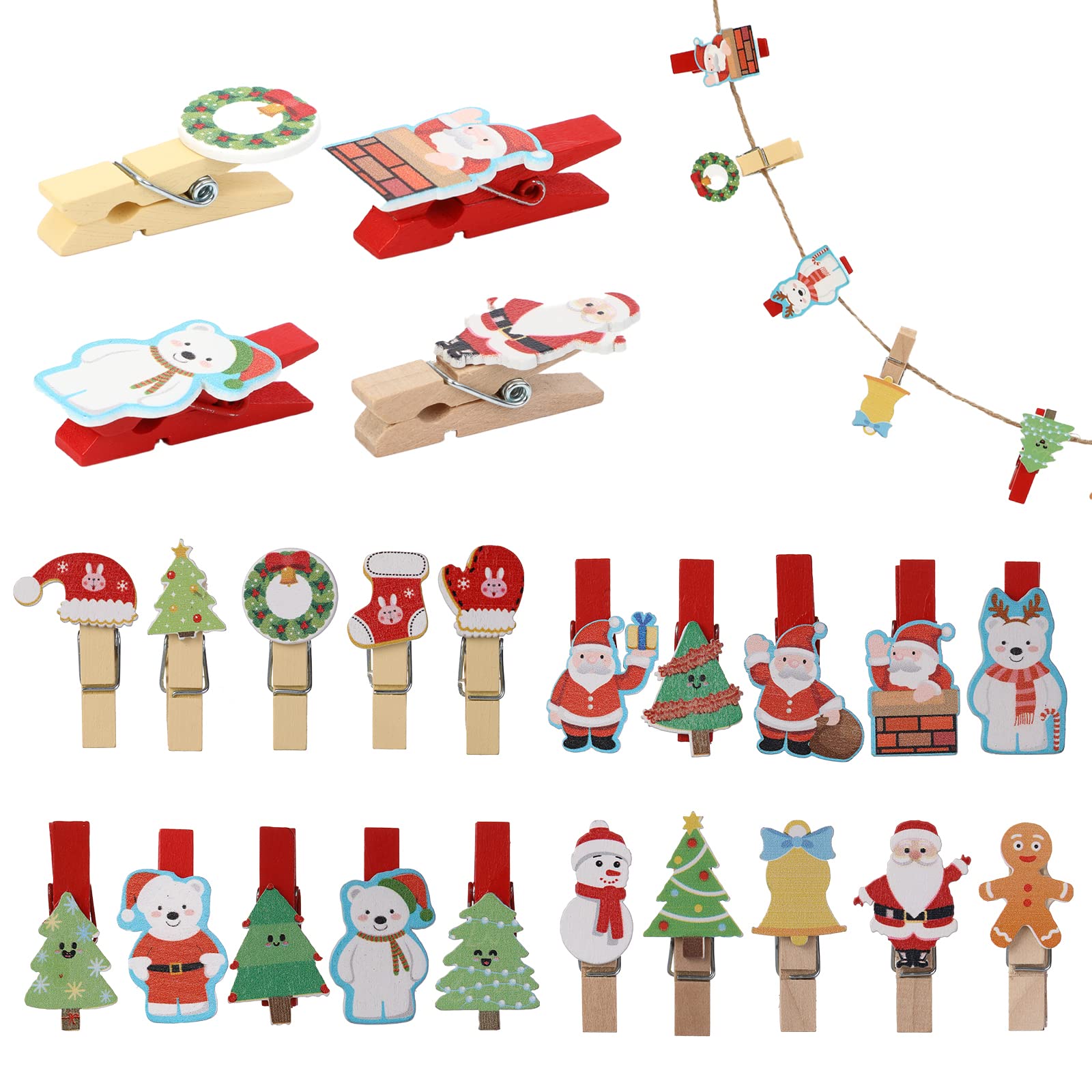 35 Weihnachts-Mini-Holzklammern Mit Juteschnur | Für Adventskalender, Foto-Wand & Geschenk-Deko