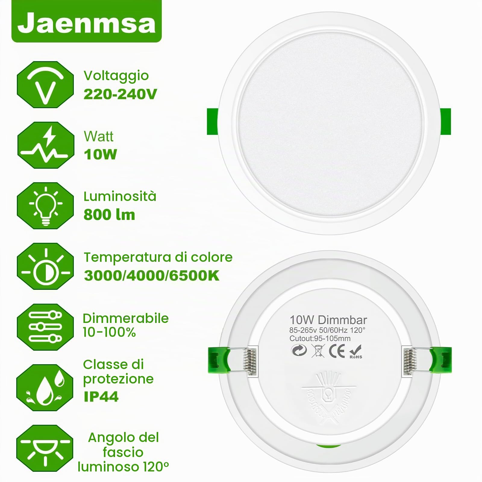 Faretti LED da Incasso per Cartongesso 230V, 10W Foro Ø 95-105mm Faretti Incasso Cartongesso Ip44, Dimmerabile, Luce Calda 3000K Luce Neutra 4000K Luce Freddo 6500K, Set di 24