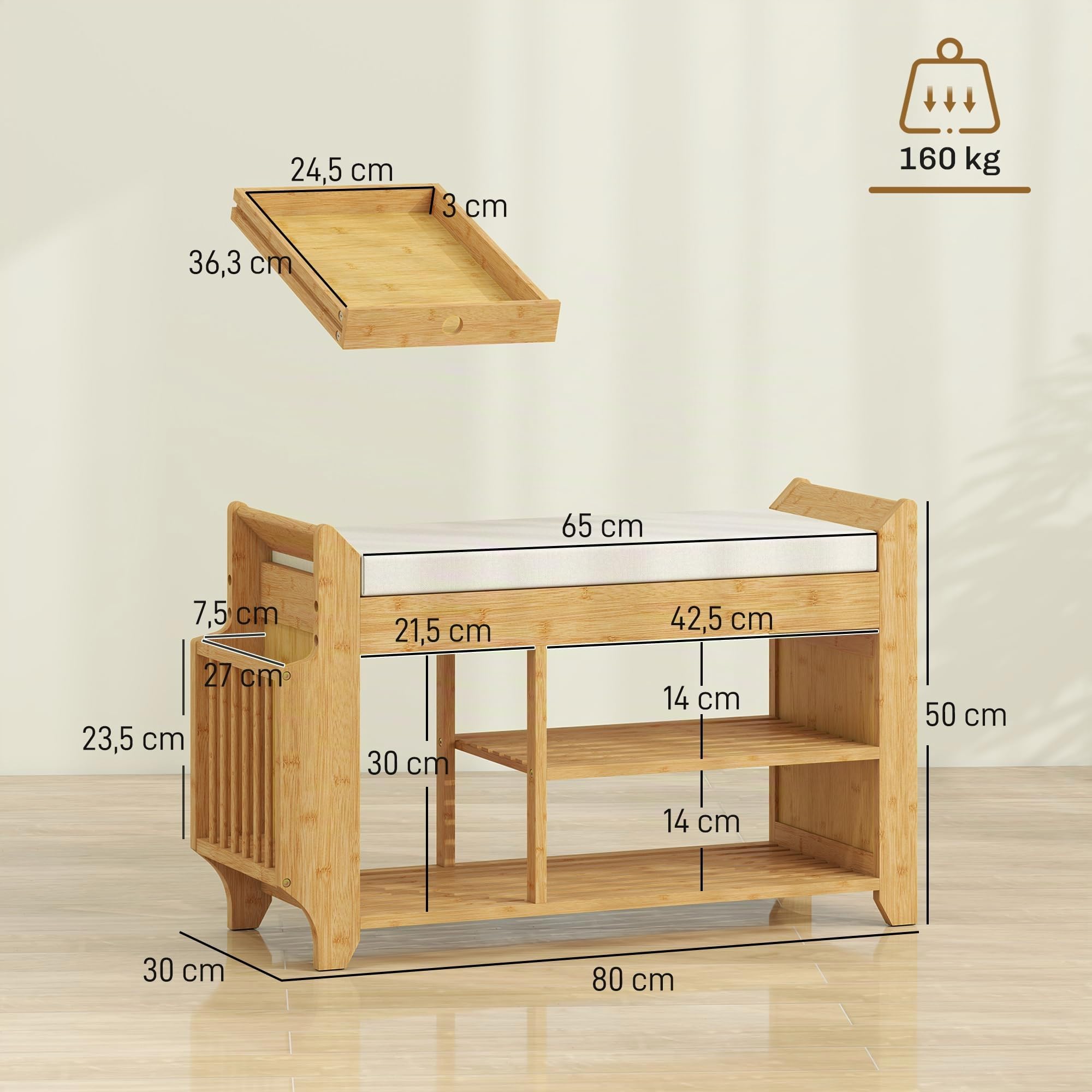 HOMCOM Banco Zapatero con Asiento Acolchado 80x30x50 cm Natural y Beige | Banco Recibidor, Almacenamiento Lateral, Estante para Botas, Marco de Bambú, Entrada de Casa, Pasillo, Salón