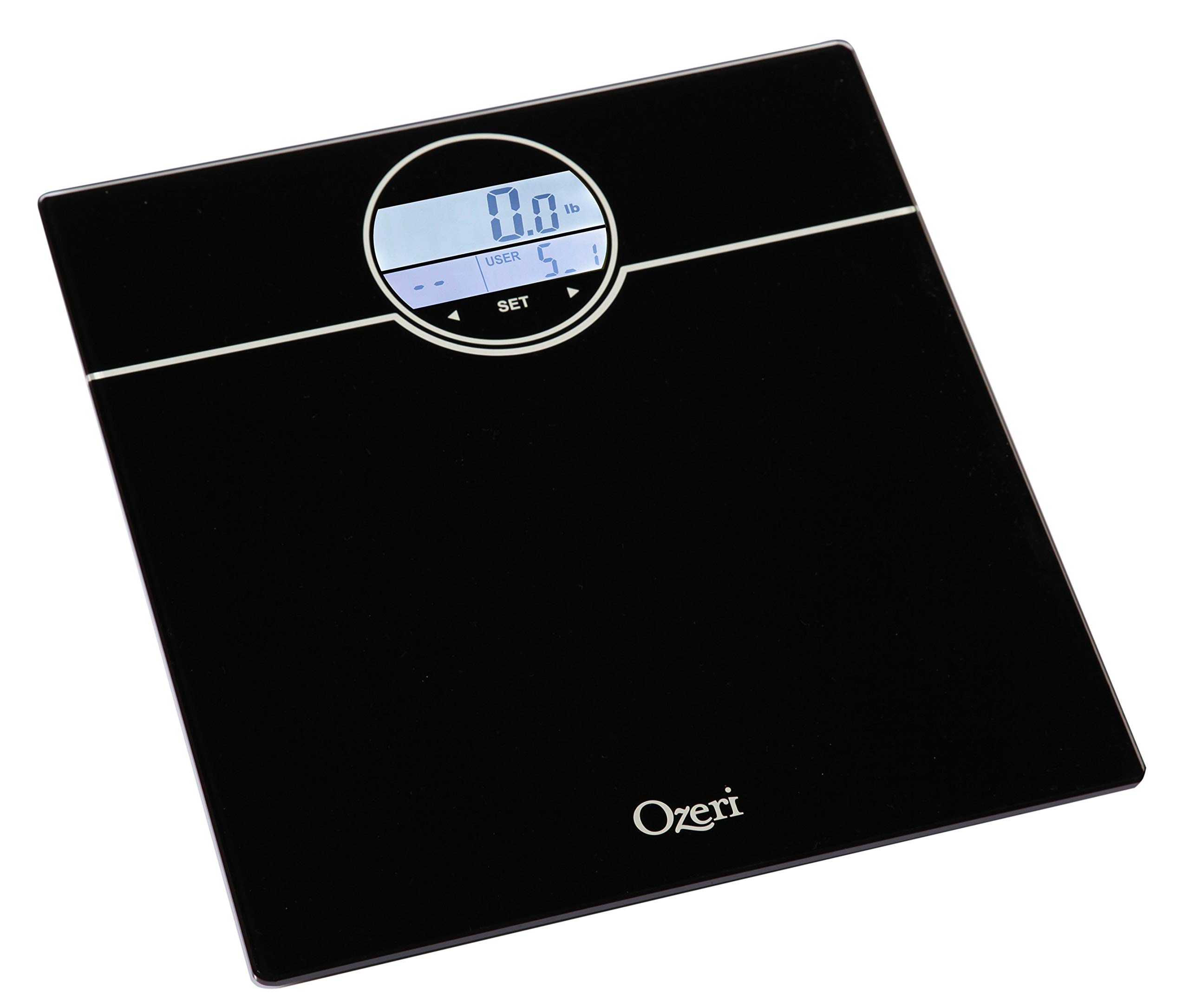 Ozeri WeightMaster 400 lbs Digital Scale display showing 'USER' and '0.0 lb' during setup.