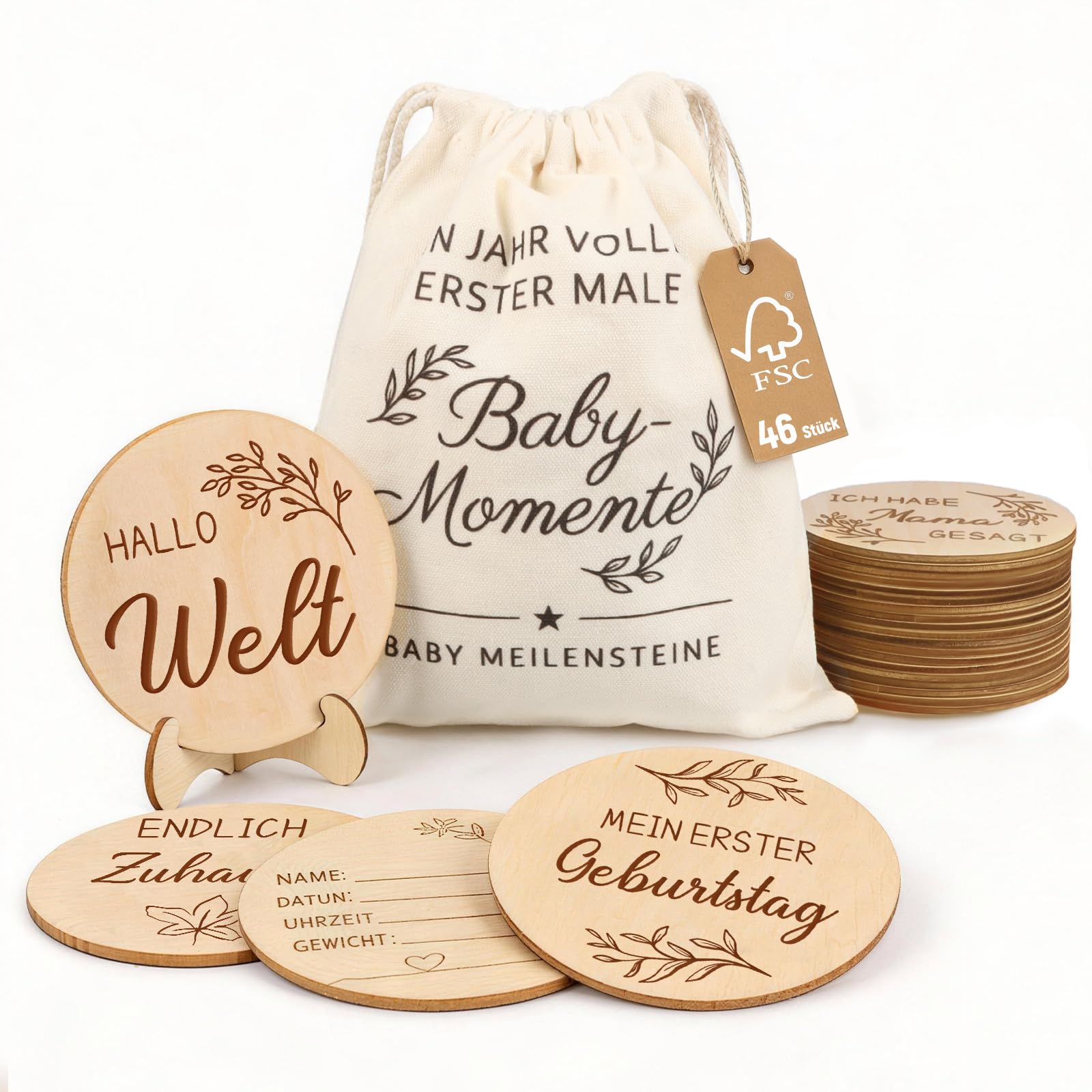 Giftota 46 Holz Meilensteinkarten Baby auf Deutsch - Meilensteine auf edlen Holzscheiben inkl.Praktischem Aufsteller, Geschenk zur Geburt/zur Babyparty für Schwangere, werdende Mütter, werdende Eltern