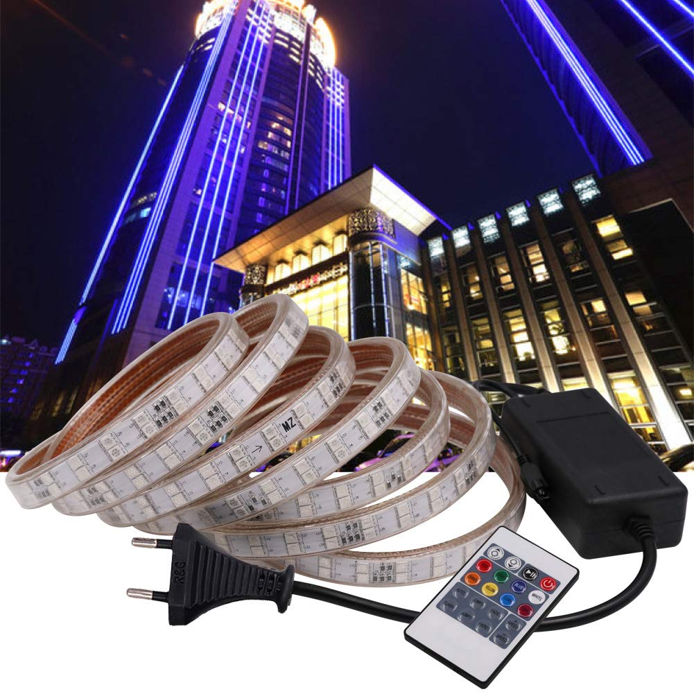 XUNATA IP67 Kit de tiras de LED RGB a prueba de agua, controlador remoto de 20 teclas, SMD 5050 120LEDs / m Cuerda de luz, CA 220V 240V Iluminación interior para interiores con alimentación (7m)