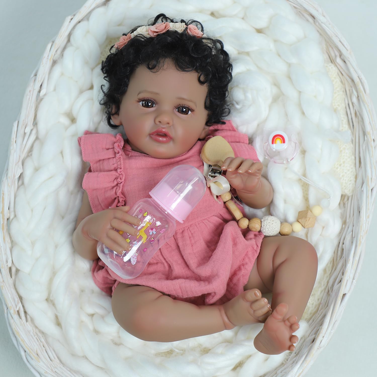 SCOM Realistic Reborn Baby Doll - 18 Inch Black African American Girl, Real Lifelike Dolls with Soft Weighted Body, Poseable Real Baby Reborn Gift Toy for 3+ Years Old Kids