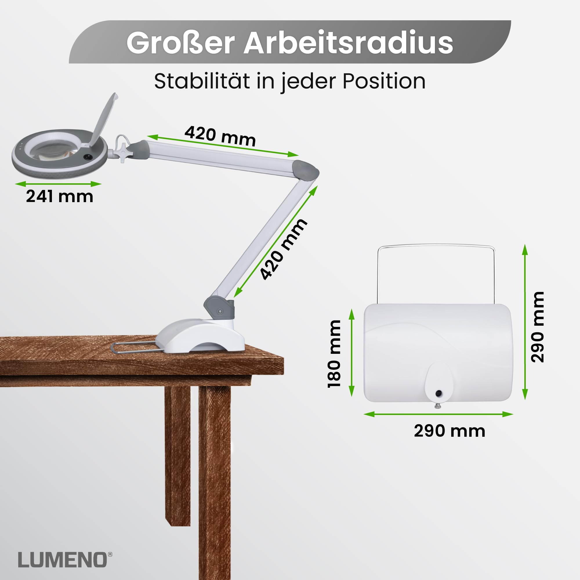 Lumeno 8215GR LED Lupenleuchte Arbeitsplatzleuchte Kosmetiklampe, einstellbare Helligkeitsstufen, kristallklare 127 mm Glaslinse, Lesehilfe/Lupe, 5 Dioptrien mit Tischfuß