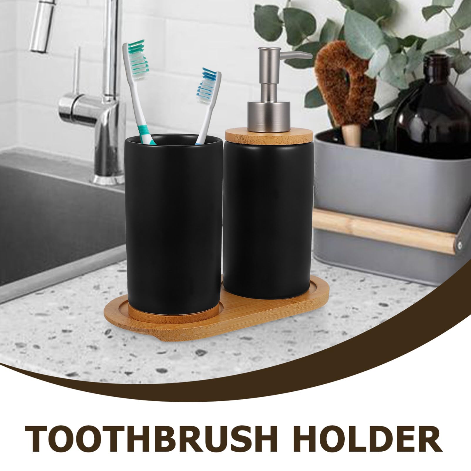 Set de Vaso de Tocador Cerámico Negro 1 Pieza Bandeja