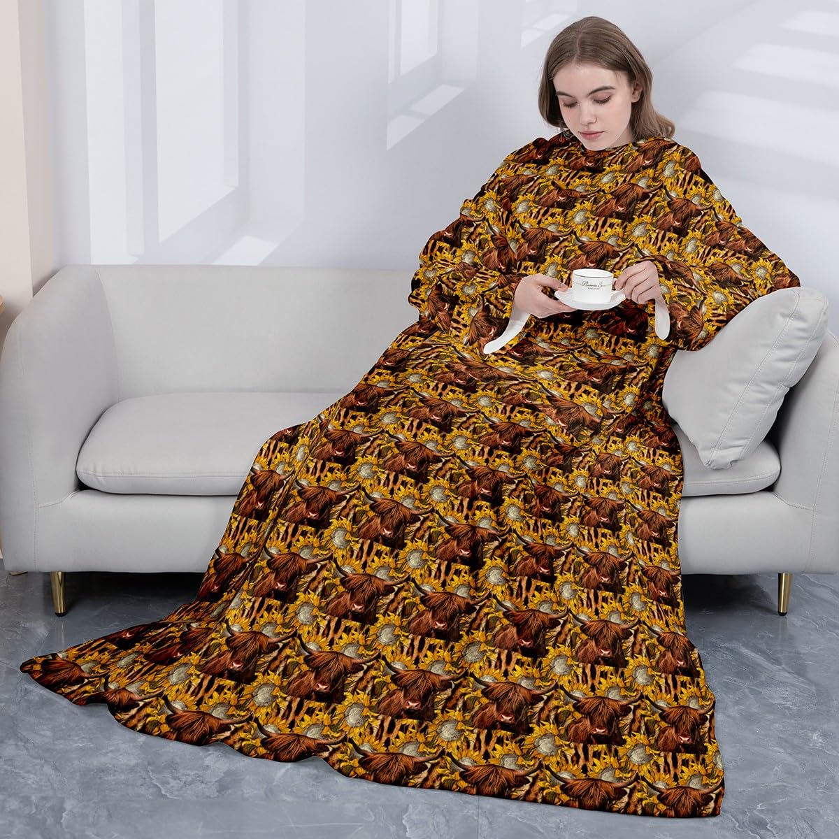 Homemissing Manta de forro polar con mangas para mujeres y hombres, ganado de las tierras altas, manta de microfelpa cómoda con mangas para decoración occidental, manta de felpa suave con mangas de 50