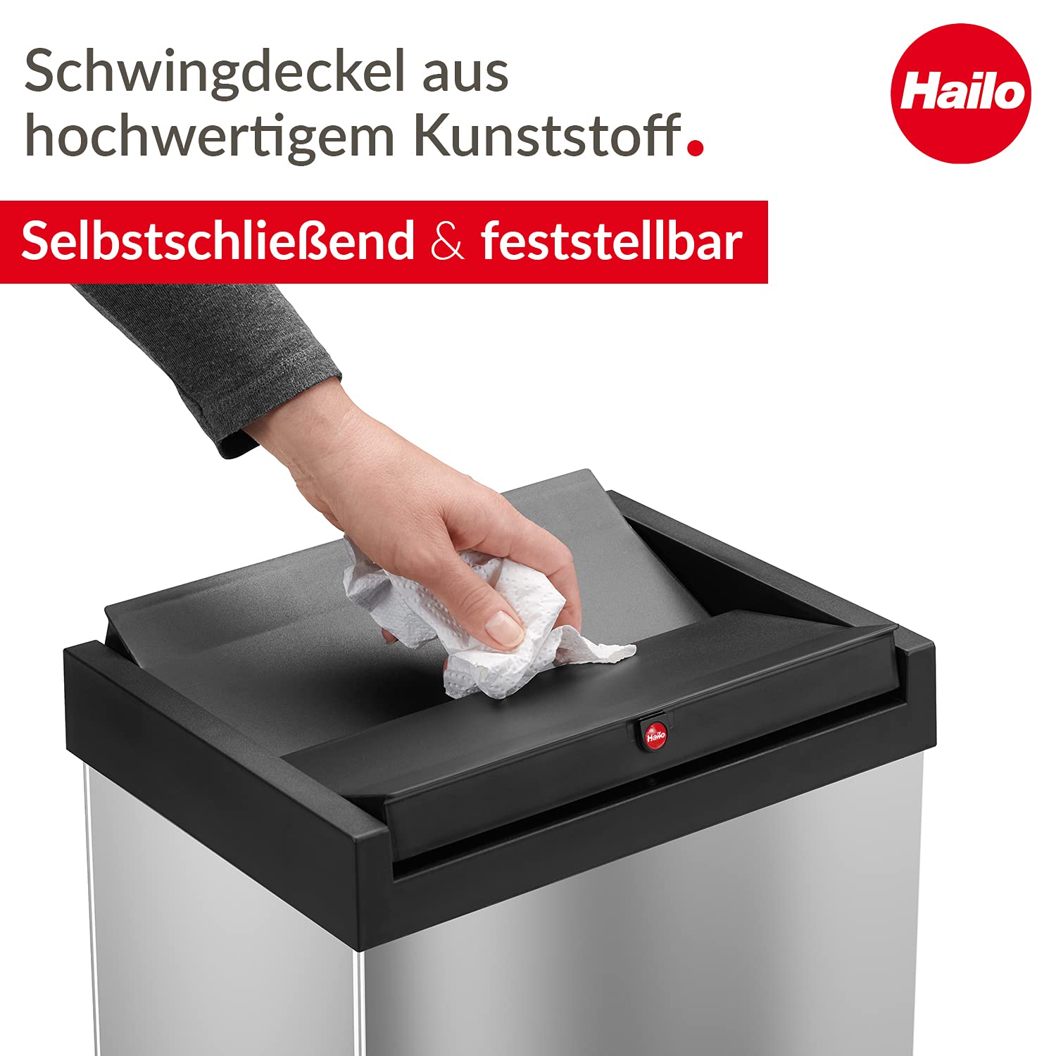 Hailo Big-Box Swing L Waste bin | 1 x 35 liters / 9.2 gallons | Self-Closing Swing lid | Stainless Steel | Bin Liner Clamping Frame | Waste bin Kitchen Rectangular | Made in Germany