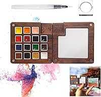 GOOTXUSK Mini Travel Watercolor Palette Kit - 15 Colors Wooden Box, Brush Pens & Clip for Artists Students