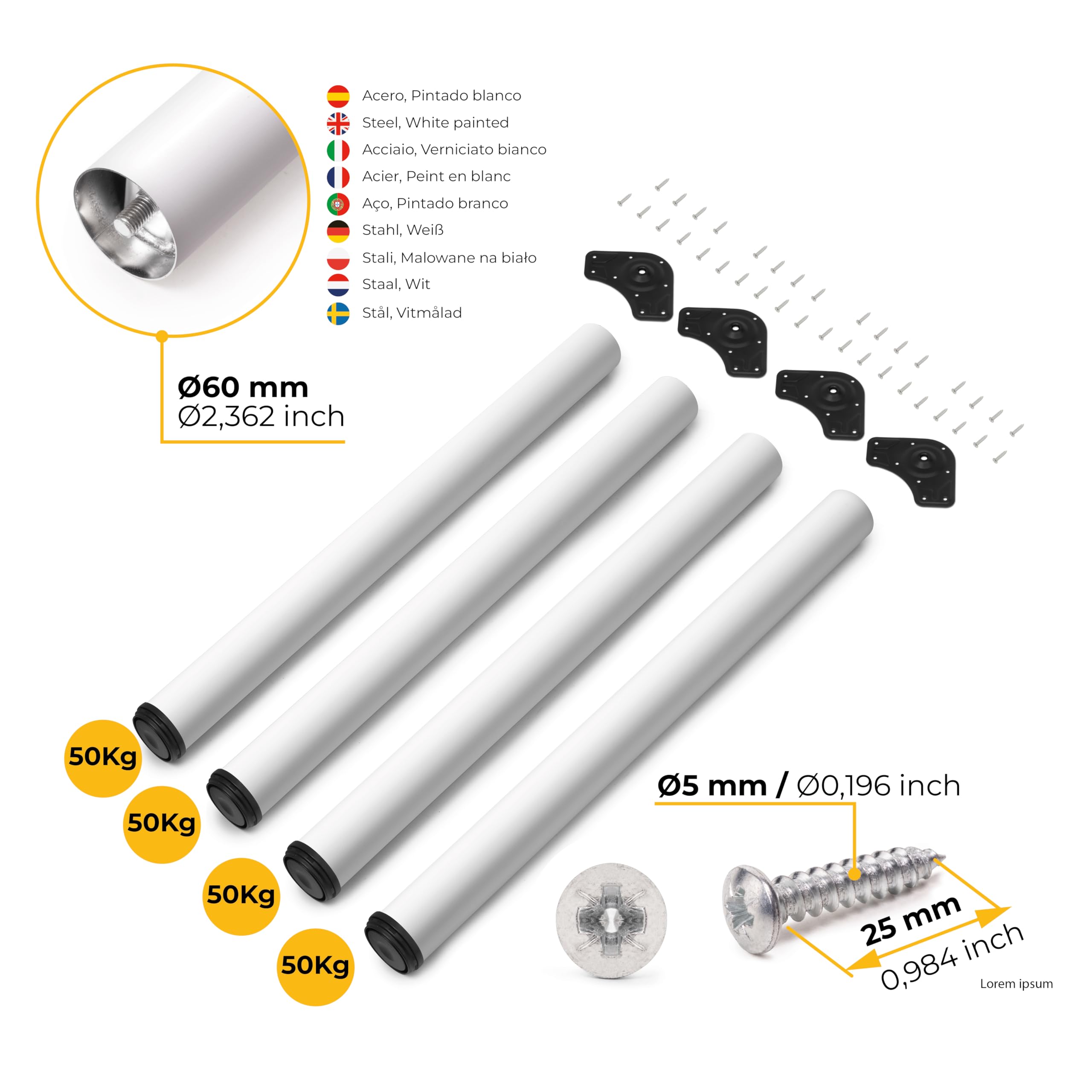 Emuca Regulowana noga stołowa Ø60x710mm, Zestaw 4 stalowych nóg, Regulowana wysokość 710-730mm, Kolor biały