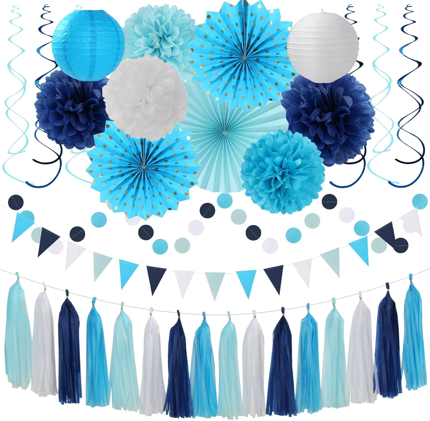 Light Royal Navy-Blue White Party-Decorations - 33pcs Kits Banner, Streamers Tassel Garland,Tissue Pom Poms Honeycomb, Paper Lantern Fans,Birthday Bachelorette Bridal Wedding Baby Shower Decor Hugtmr Blue-white