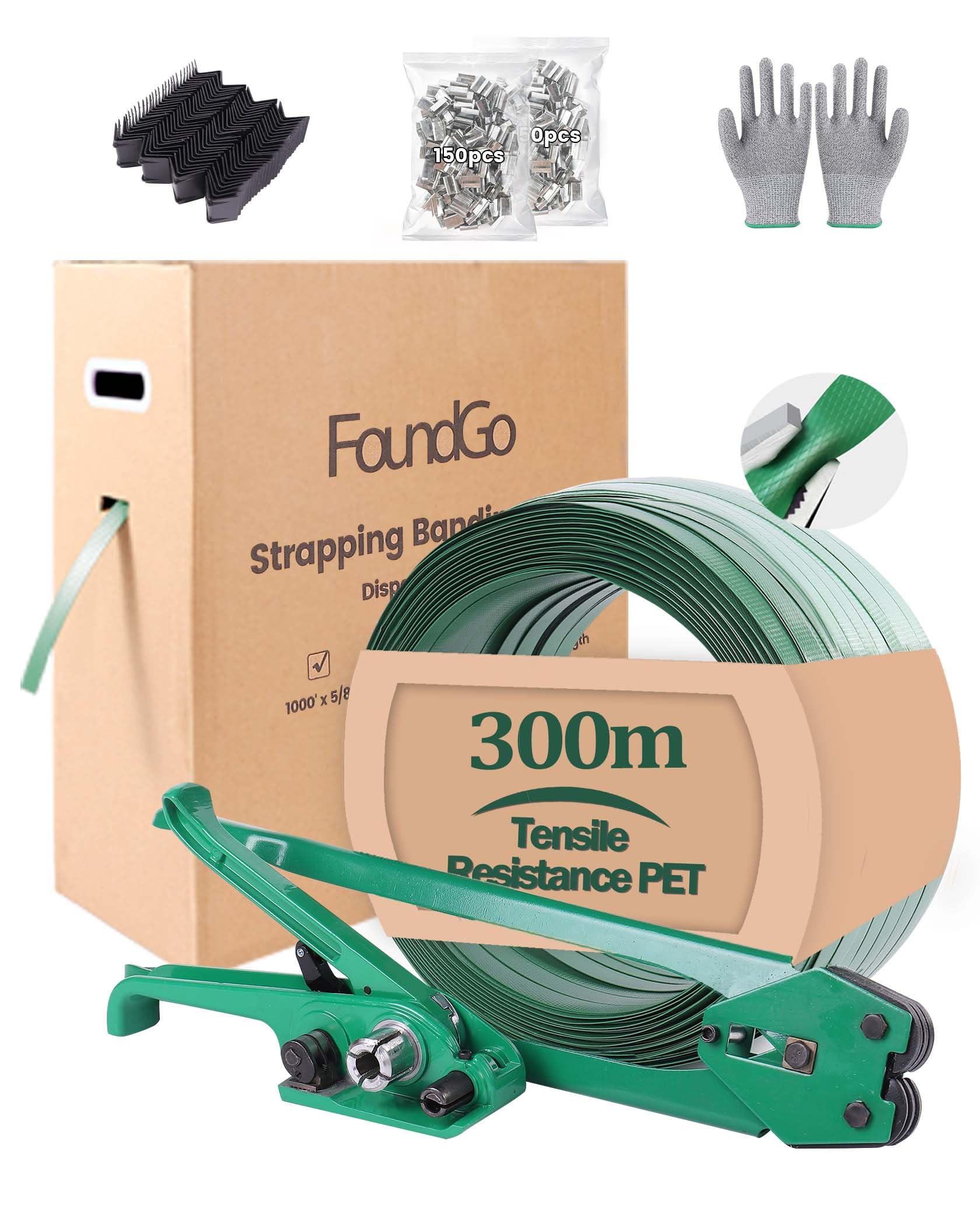 FoundGo Dispositivo de flejado manual [12-19mm] Kit de flejado con 300m de cinta de flejado PET de 680kg de resistencia a la tracción para embalaje incl. tensor, cerrador, 300 hebillas metálicas, 100